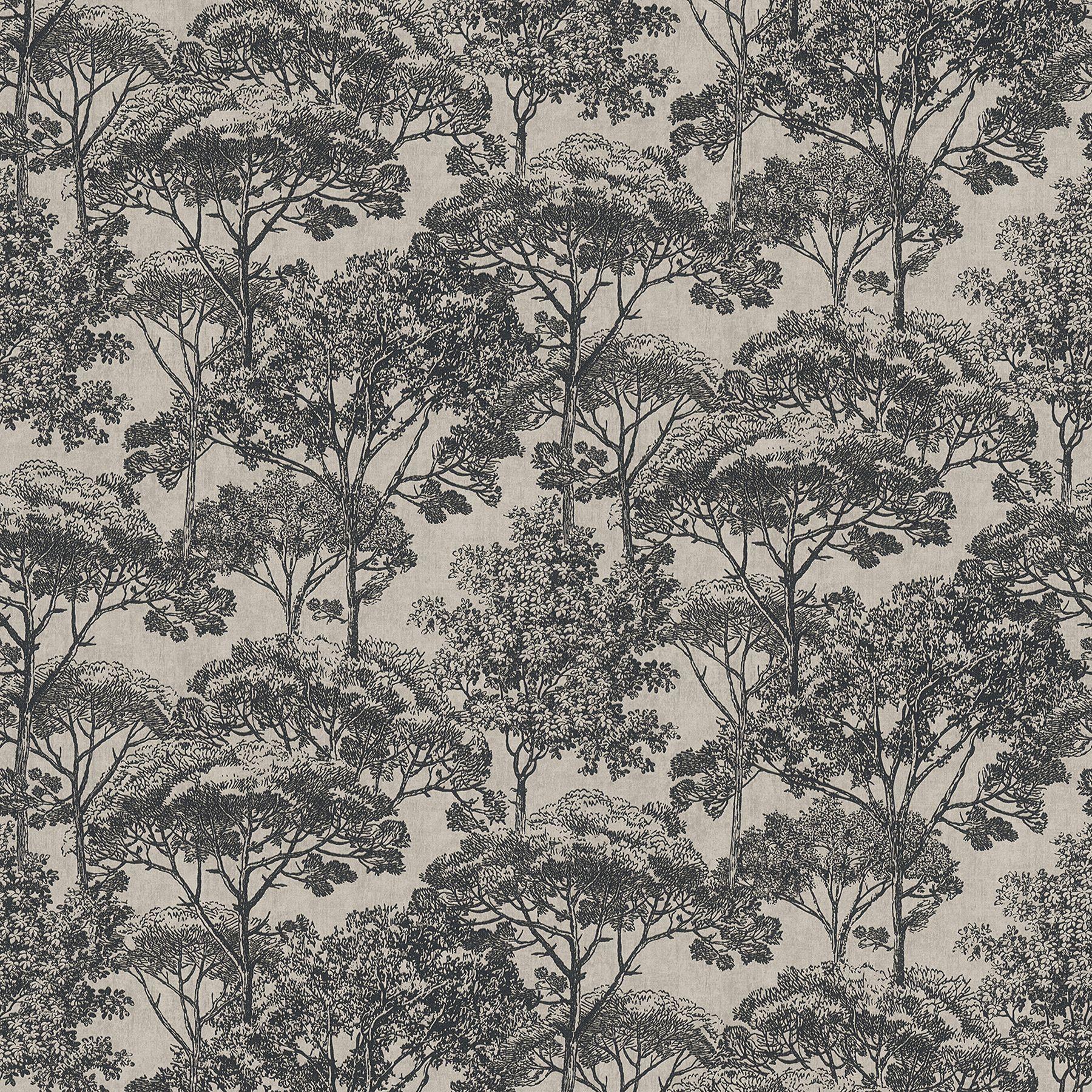 1800x1800 4044 38023 3 Teatro Trees Wallpaper In Black Soft Gray Colors With Majestic Forest Modern Style Unpasted Non Woven Vinyl Wall Covering By Brewster Savvy Decorator