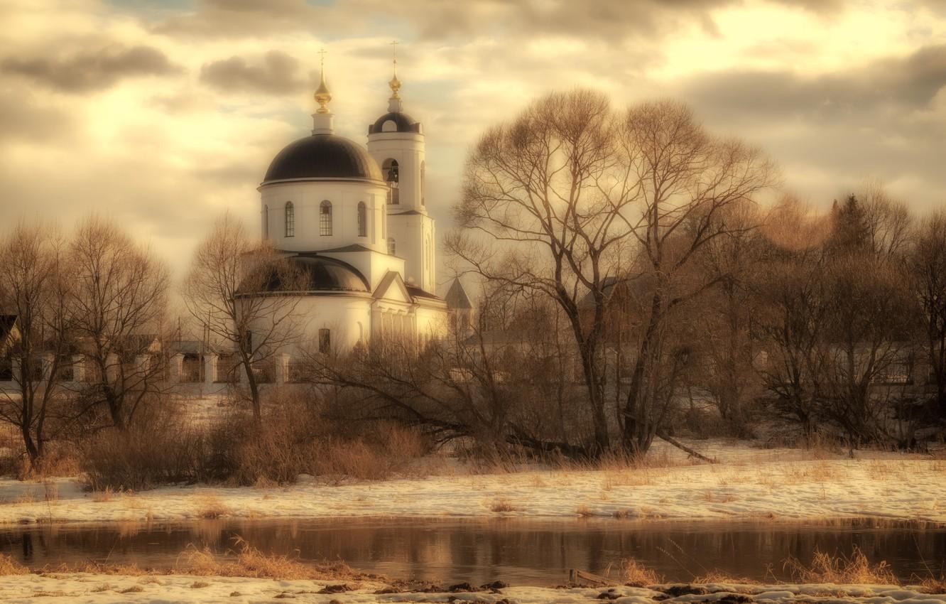 1332x850 Wallpaper winter, Church, pond image for desktop, section пейзажи