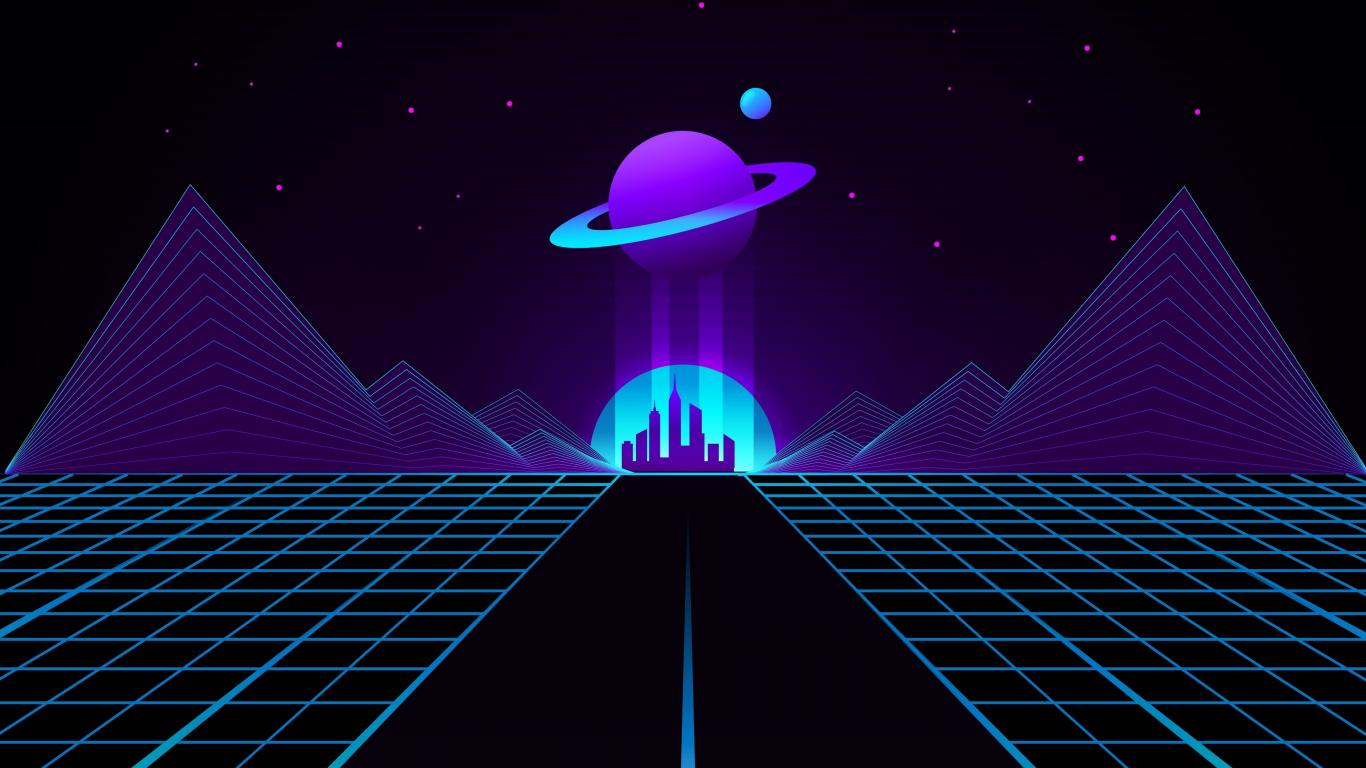1366x768 Synthwave planet and city retro wave digital art wall