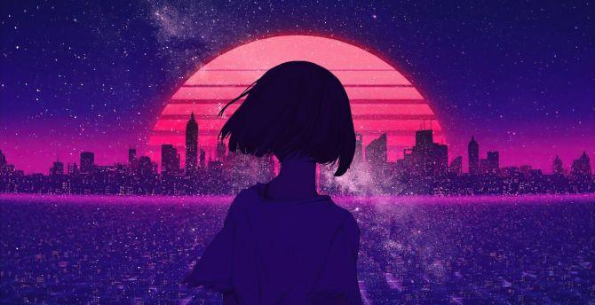 670x344 Wallpaper girl, short hair, silhouette, cityscape, synthwave desktop wallpaper, HD image, picture, background, b05c30