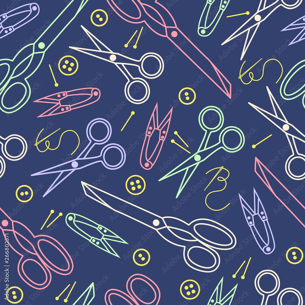1000x1000 Sewing tools seamless pattern, vector background. Colorful outline sewing scissors. For wallpaper design, fabric, wrapper, prints, decoration, store sewing accessories Stock Vector