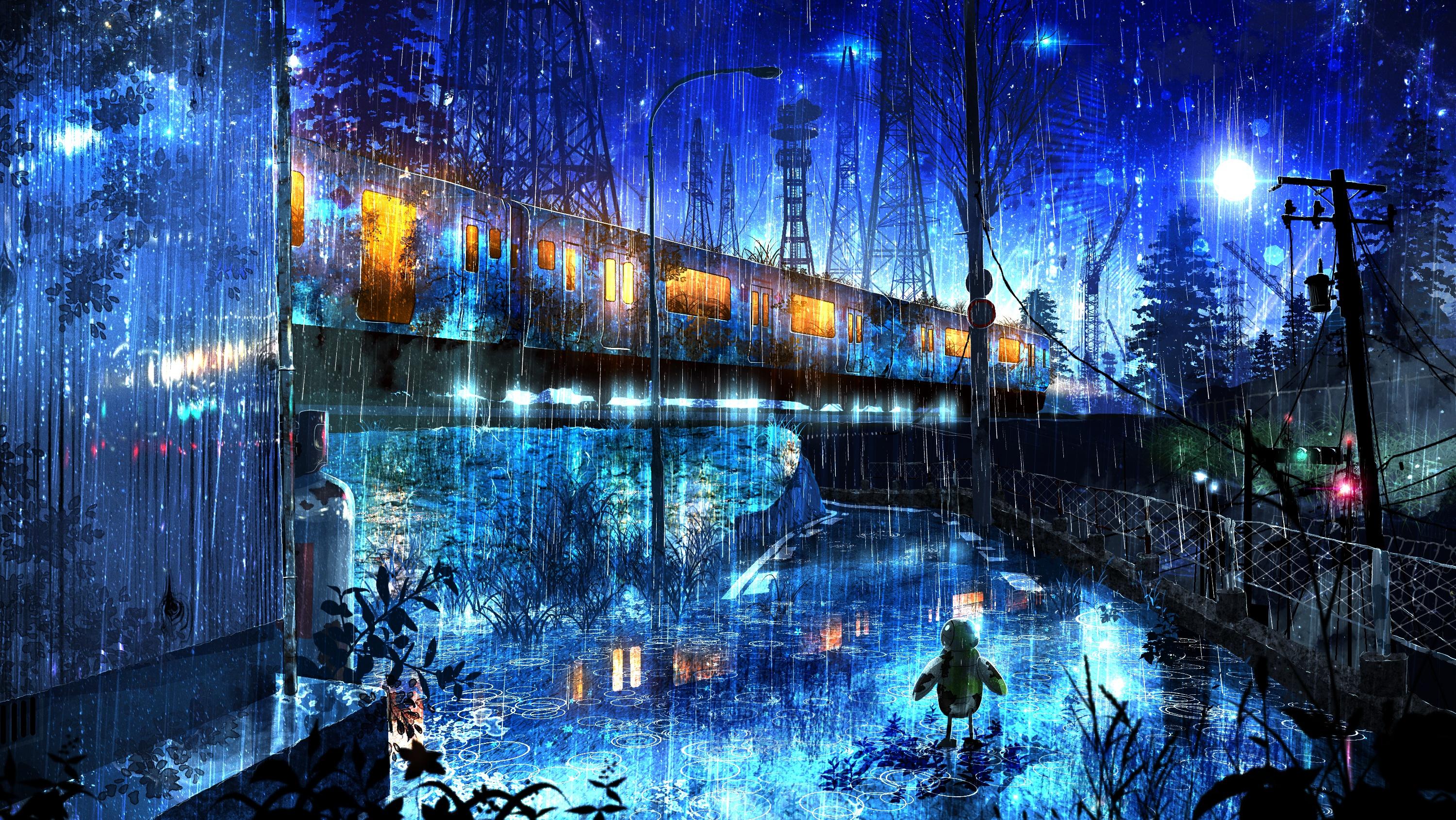 3000x1690 Original HD, Robot, Night, Rain, Train Gallery HD Wallpaper