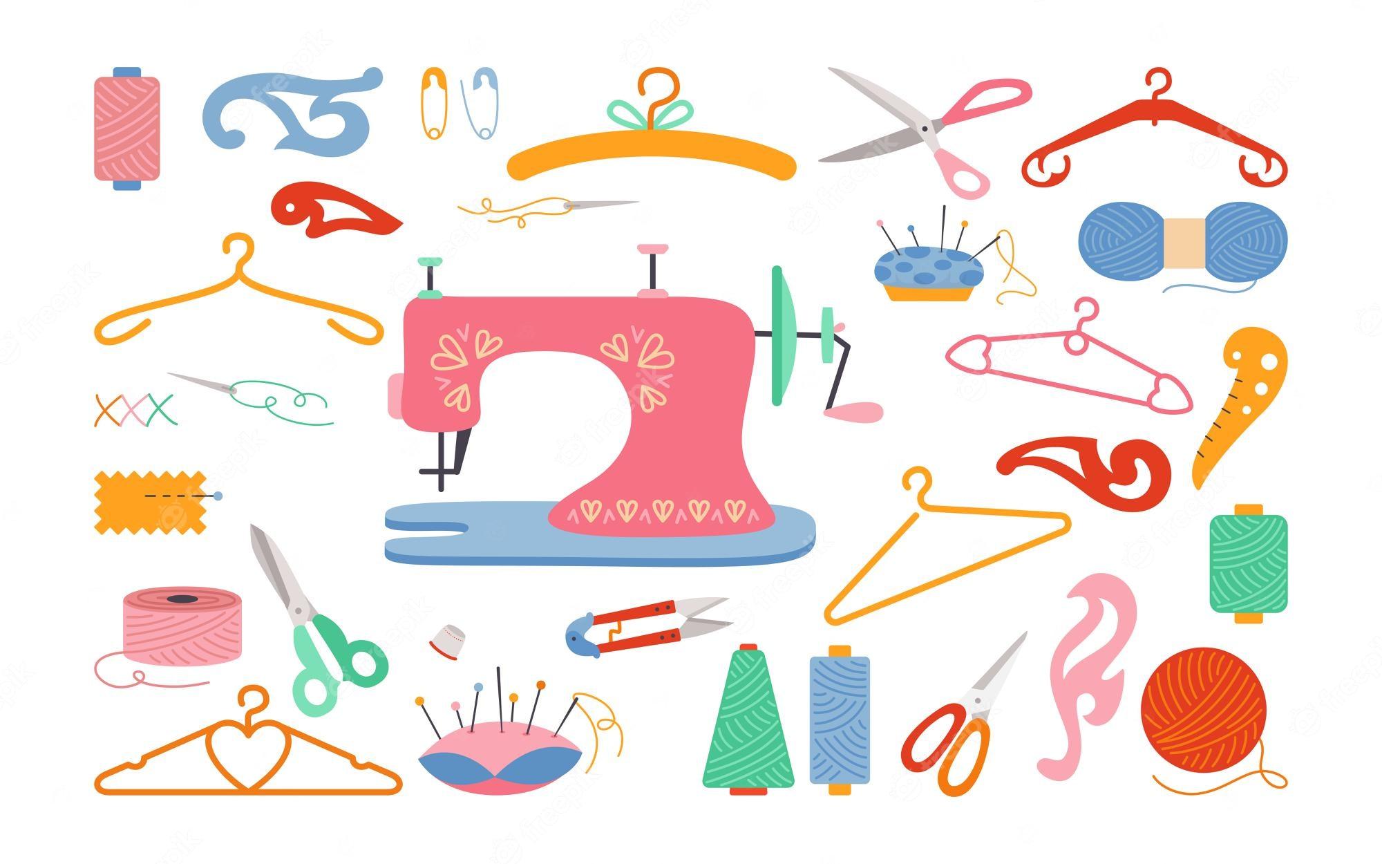 2000x1250 Premium Vector. Sewing tools cartoon set, thread and scissors, yarn, needle bar, pin needle