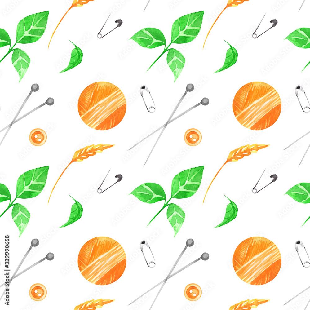 1000x1000 Knitting seamless pattern. Colorful pattern with knitting and sewing tools on a white background, drawing watercolor. Fabric wallpaper print texture. Stock Illustration