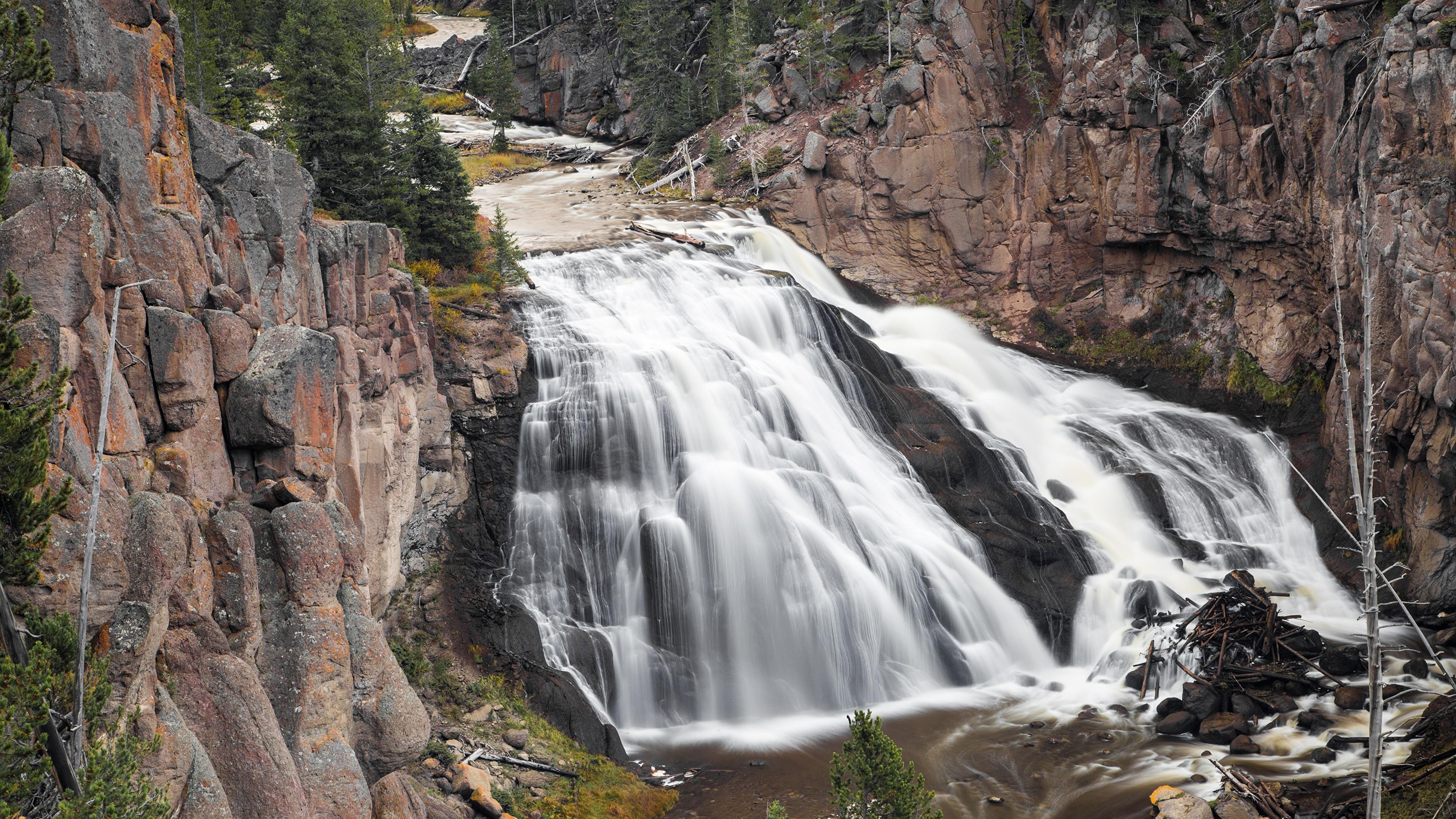 3840x2160 image Yellowstone USA Gibbon Falls, Gibbon River Rock 3840x2160
