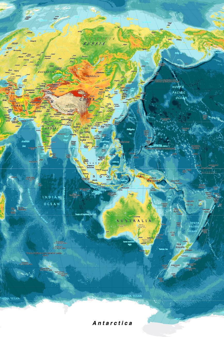 867x1300 Physical map of Asia and Oceania Wall Mural