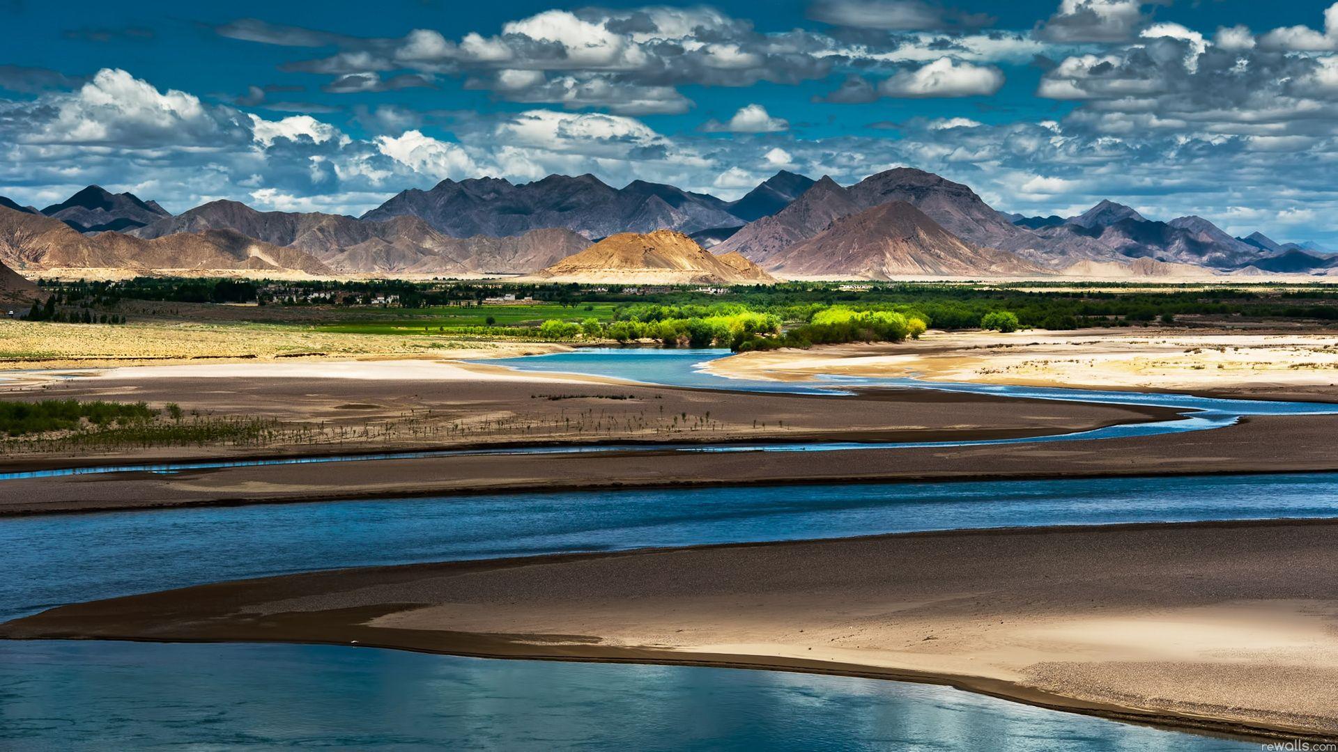 1920x1080 Download Wallpaper 1920x1080 china, tibet, mountains, oasis, river