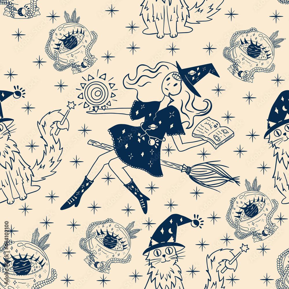 1000x1000 Seamless pattern witch on a broomstick with a cat and a magic ball. Vector black outline illustration for halloween, background, wallpaper, wrapper, banner, poster. Stock Vector