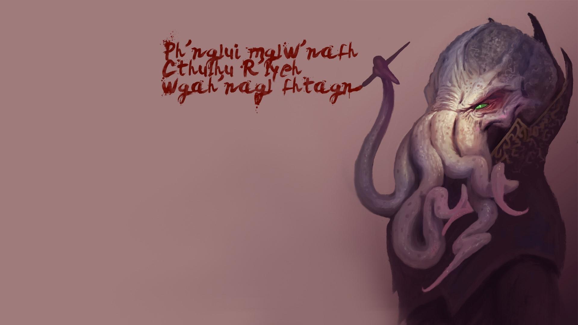 1920x1080 Wallpaper / Cthulhu, H. P. Lovecraft, creature, simple background, green eyes free download