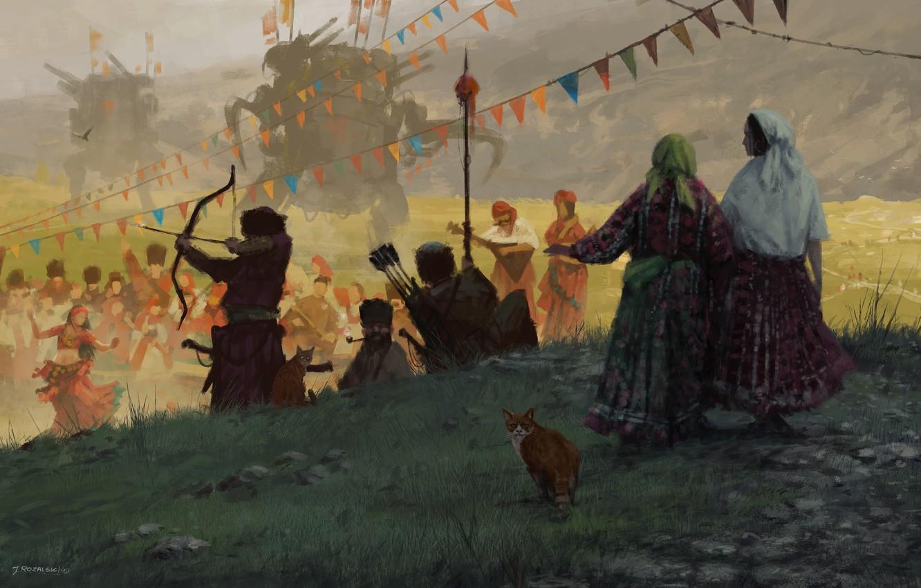1332x850 Wallpaper game, nothing, cat, machine, fog, bow, arrow, Scythe, peasants image for desktop, section игры