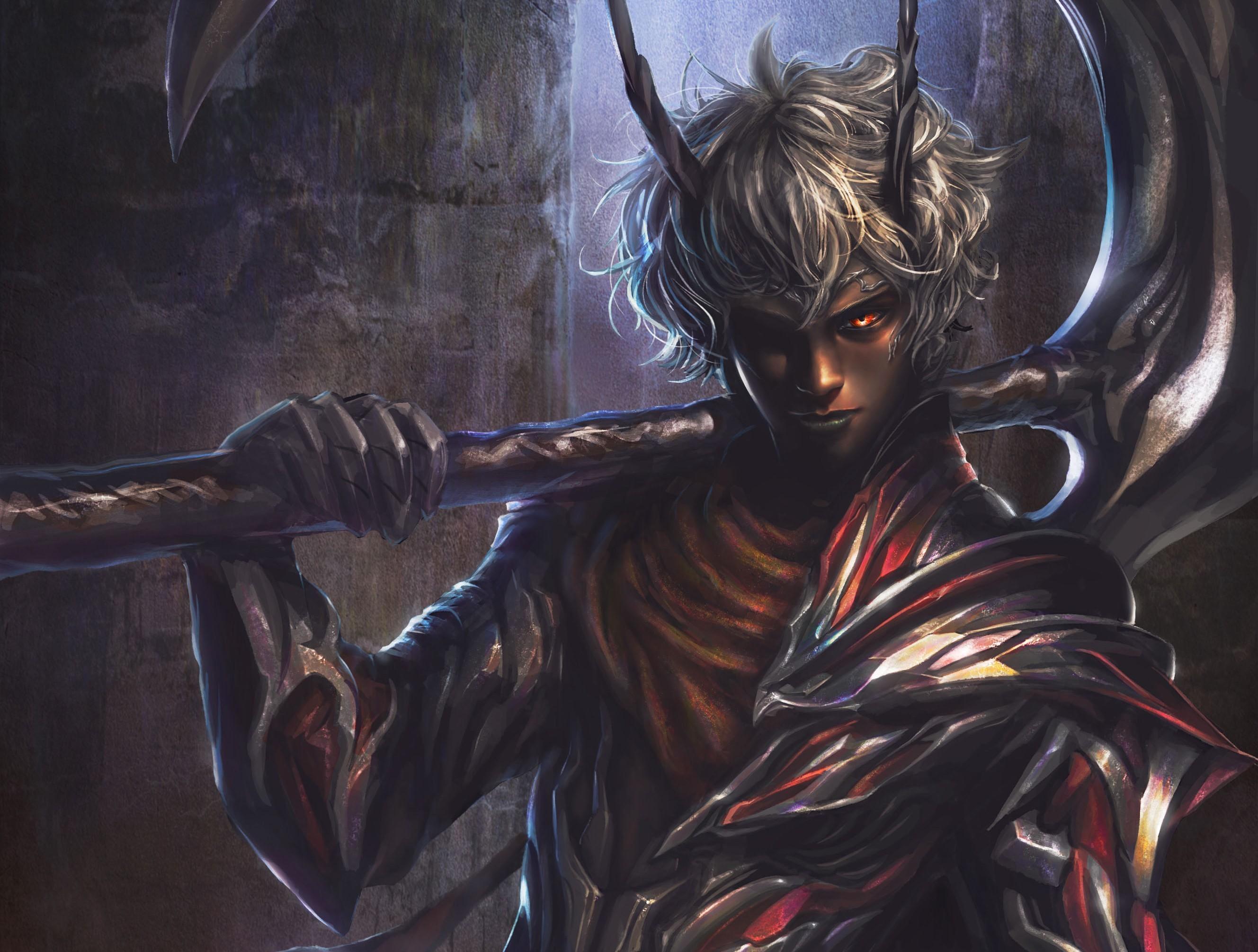 2657x2012 Demon, Horns, Scythe, Man, Art Gallery HD Wallpaper