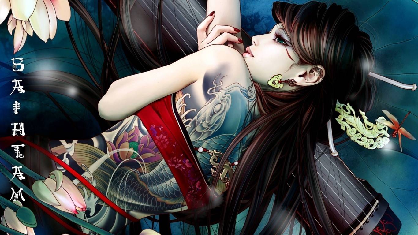 1366x768 anime girl with tattoo