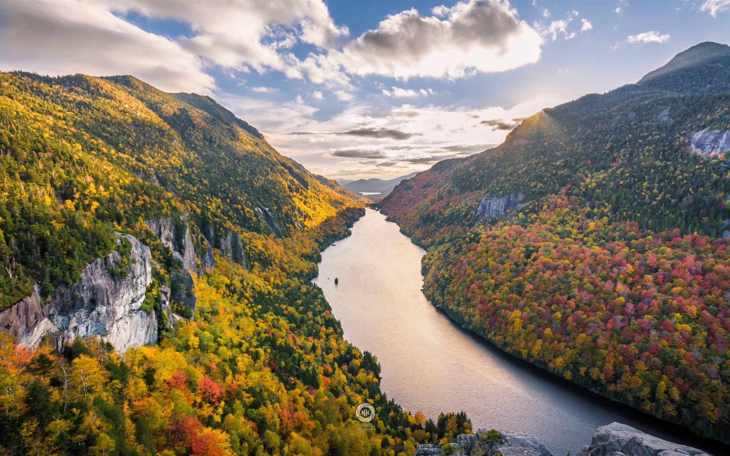 2560x1600 river mountains fall clouds tree 5k MacBook Air Wallpaper Download