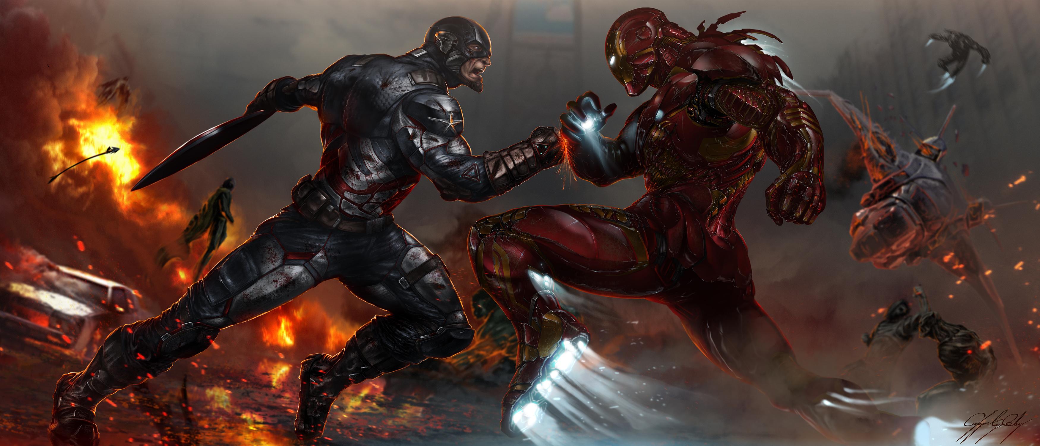 3500x1500 Captain America And Iron Man Fighting Artwork, HD Superheroes, 4k