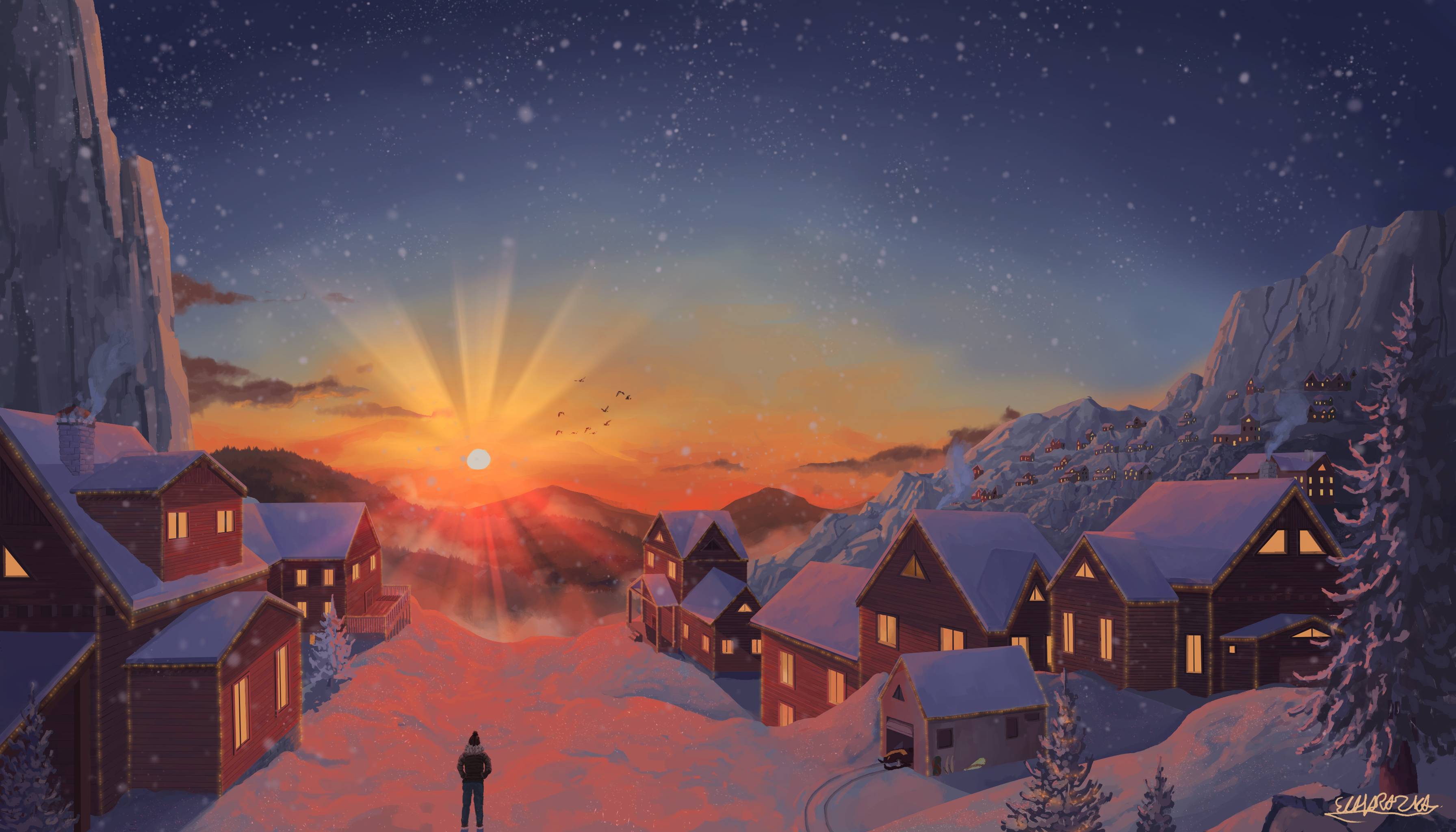 3584x2048 Cozy Snowy Drawing Art 1920x10802021290 Resolution Wallpaper, HD Artist 4K Wallpaper, Image, Photo and Background