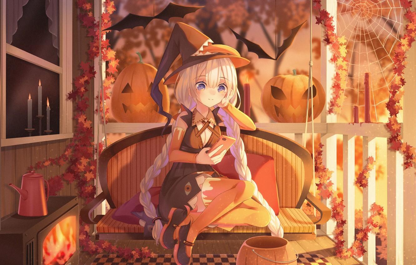 1332x850 Wallpaper swing, web, fireplace, halloween, veranda, smartphone, cozy, Jack, autumn leaves, witch, by Kizuna Akari image for desktop, section сёдзё