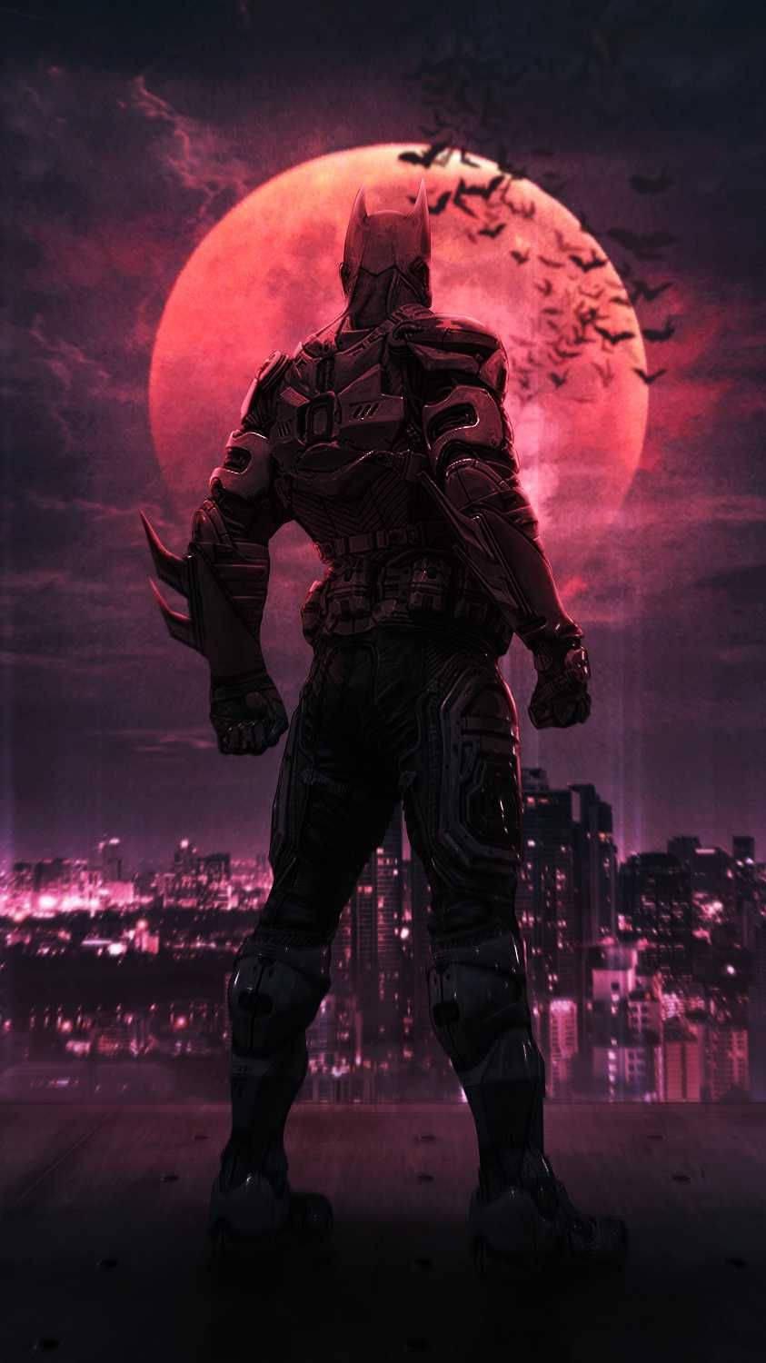 843x1500 Download Red Moon Behind Batman Arkham Knight iPhone Wallpaper