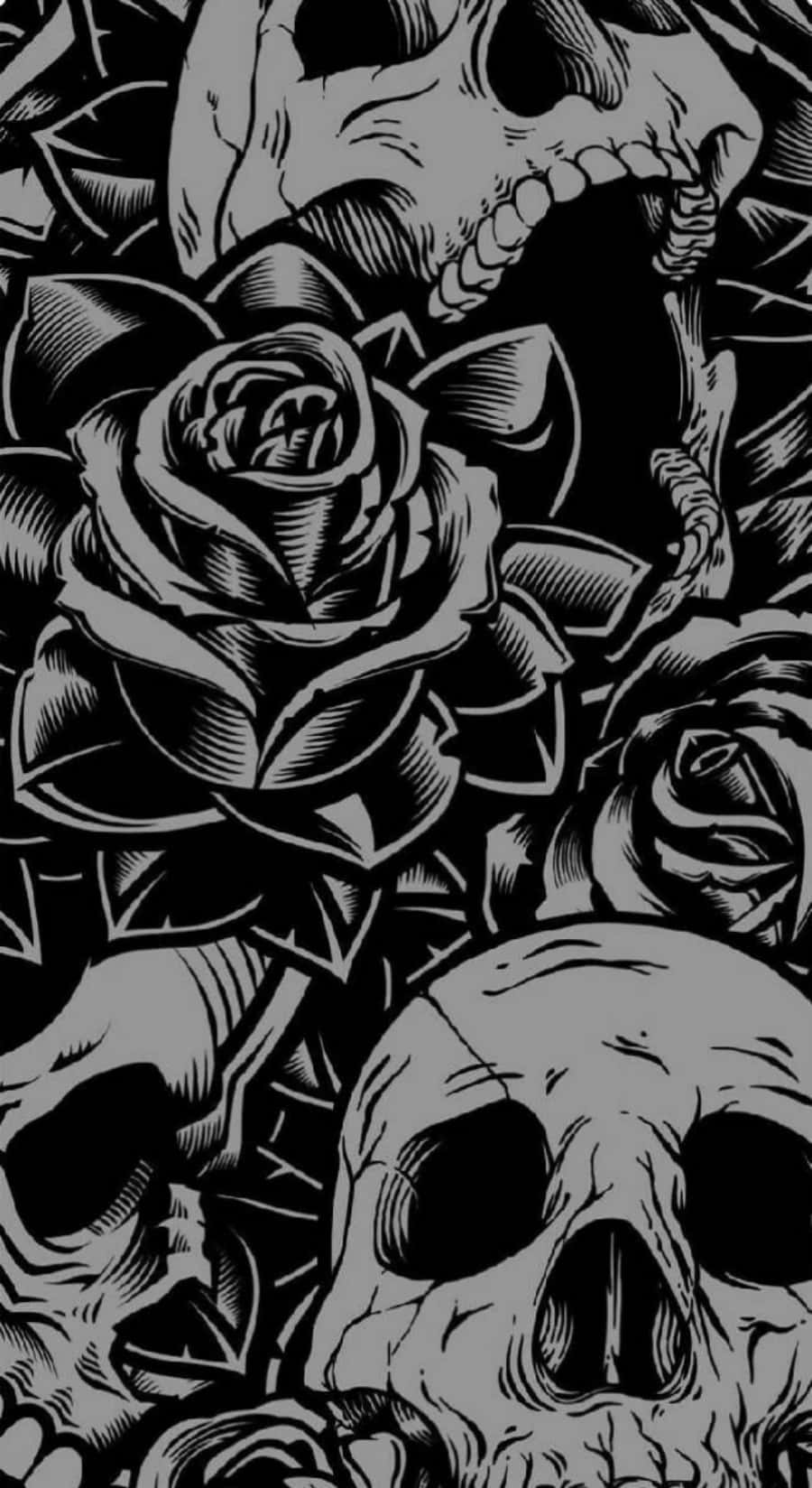 900x1648 Download Black And White Love Skulls And Roses Art Wallpaper