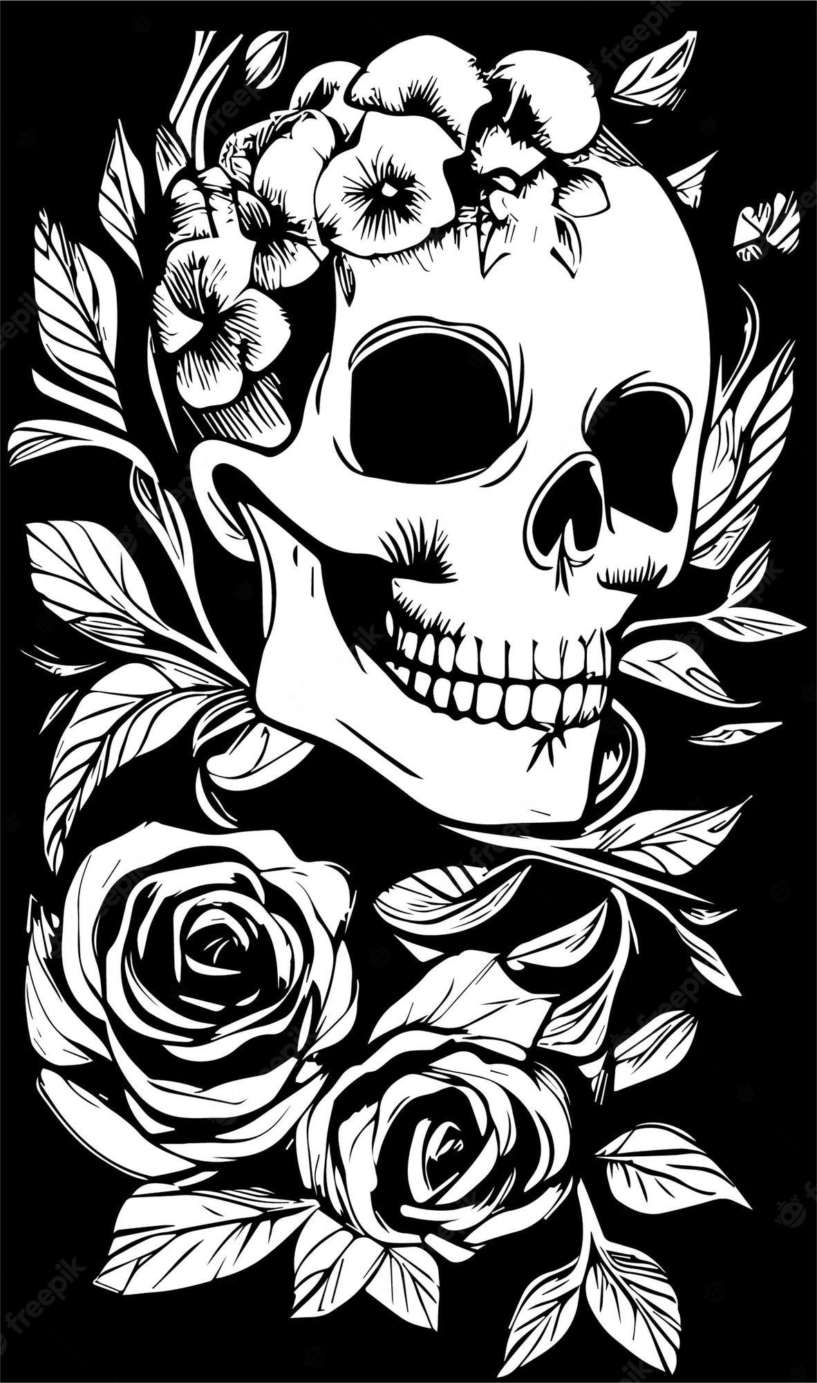 1182x2000 Premium Vector. Feminine skull and roses wallpaper hand drawn vector black and white clip art