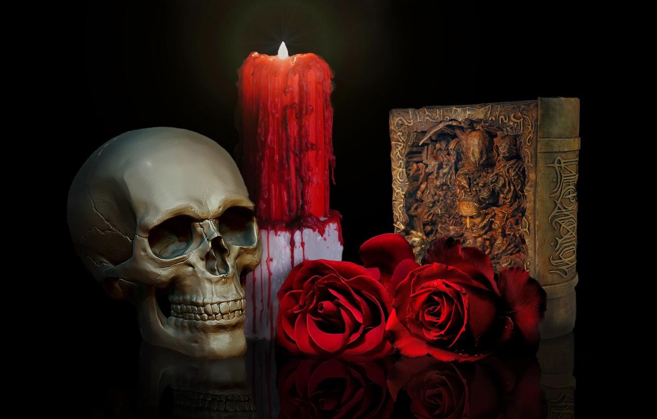 1332x850 Wallpaper skull, roses, candle, book image for desktop, section разное
