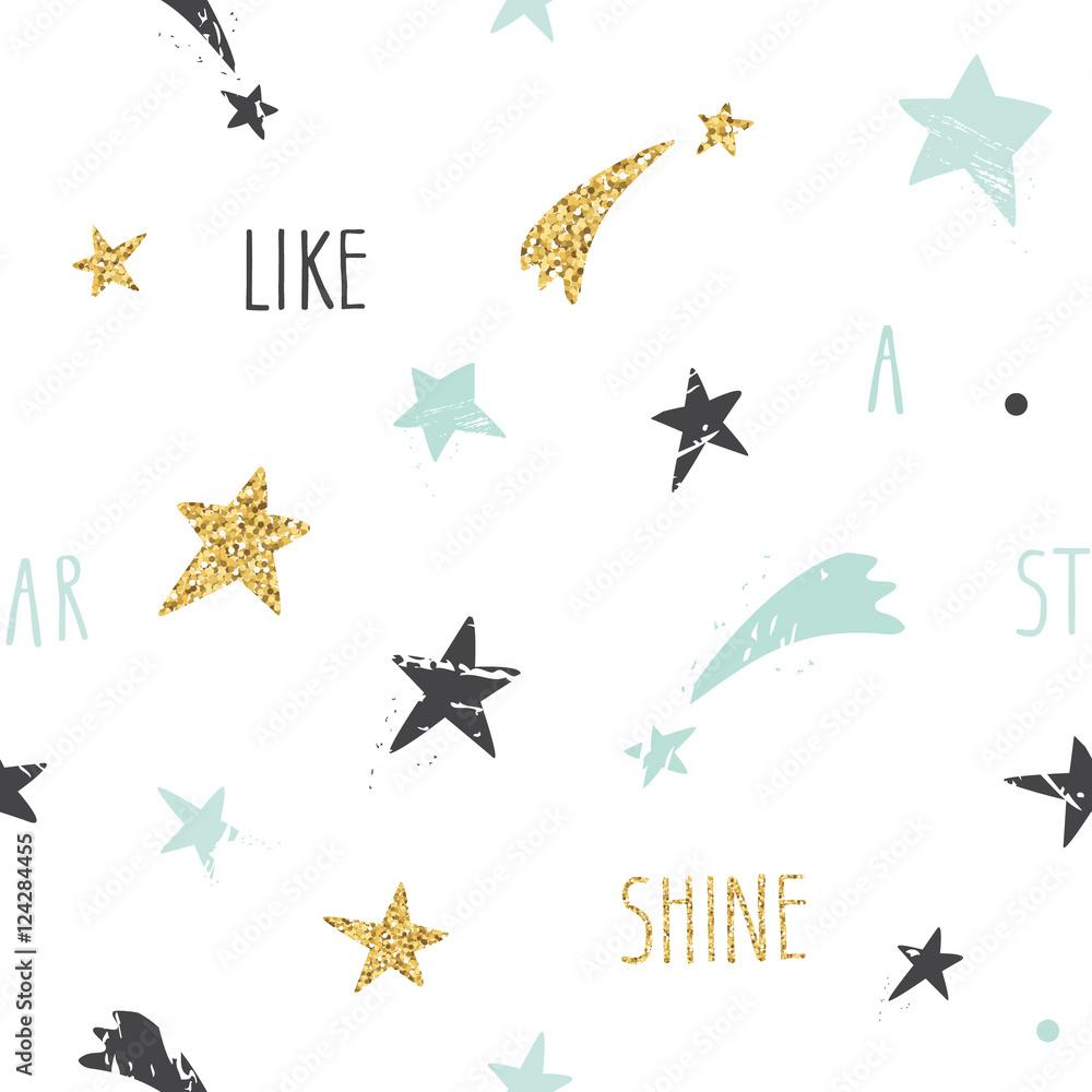 1000x1000 Cute funny seamless pattern background with hand drawn stars and inspirational handwritten quote Shine Like A Star. Glitter, pastel blue and black sparkles isolated on white. Stock Vector