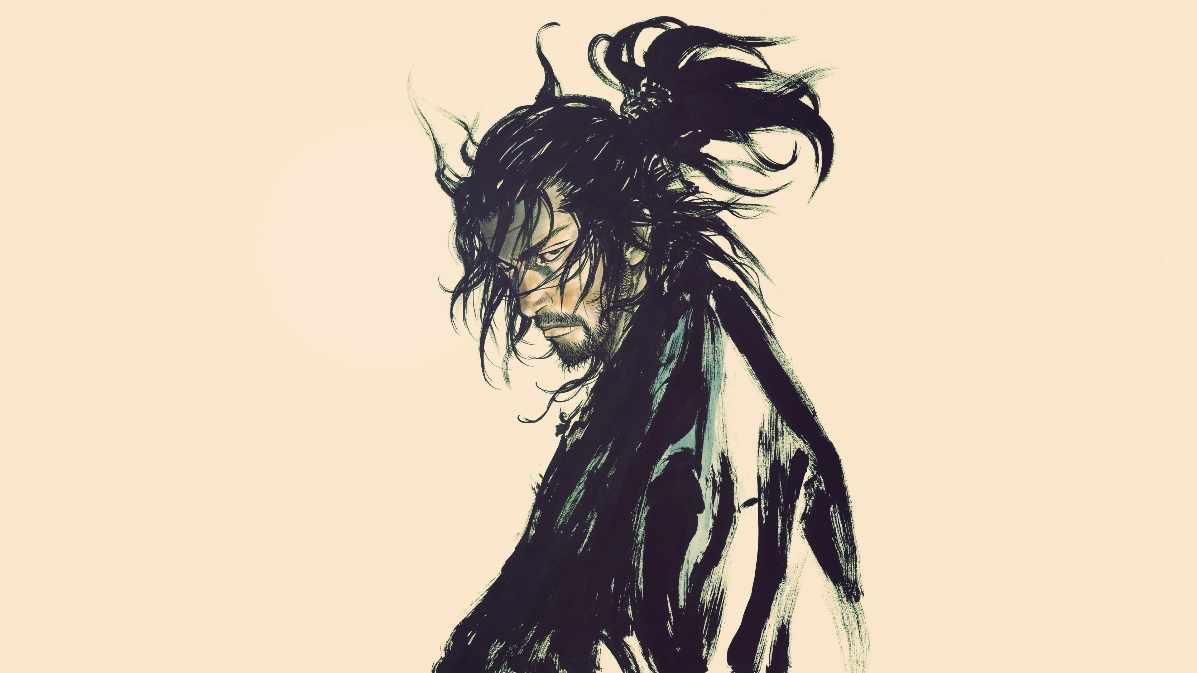 3840x2160 4K, Vagabond, Fantasy Men, simple background, samurai, Inoue takehiko, beards, Miyamoto Musashi, manga, HD Wallpaper