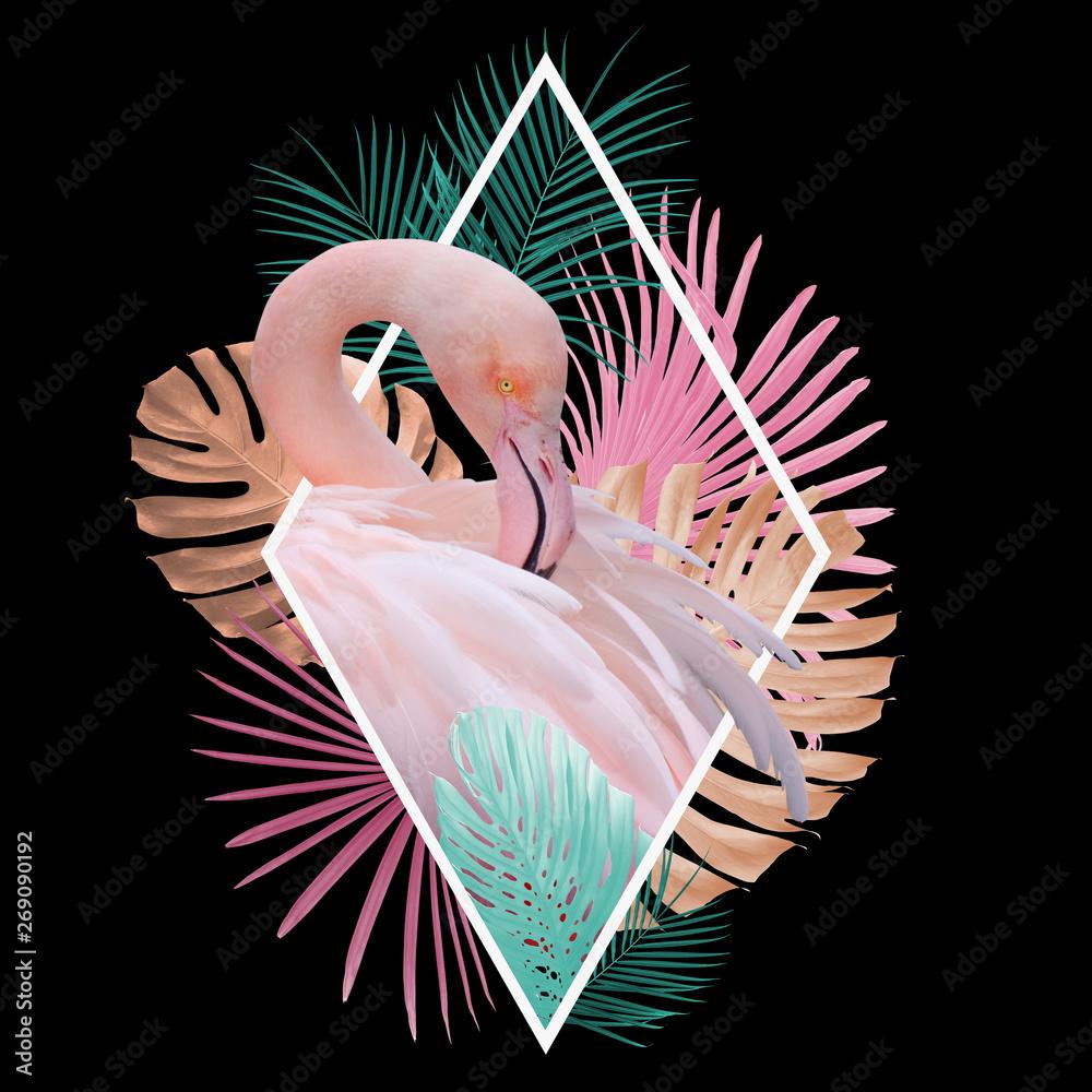 1000x1000 Tropical leaves flamingo design in light pink, golden, turquoise on black, can be used as background, wallpaper Stock Illustration