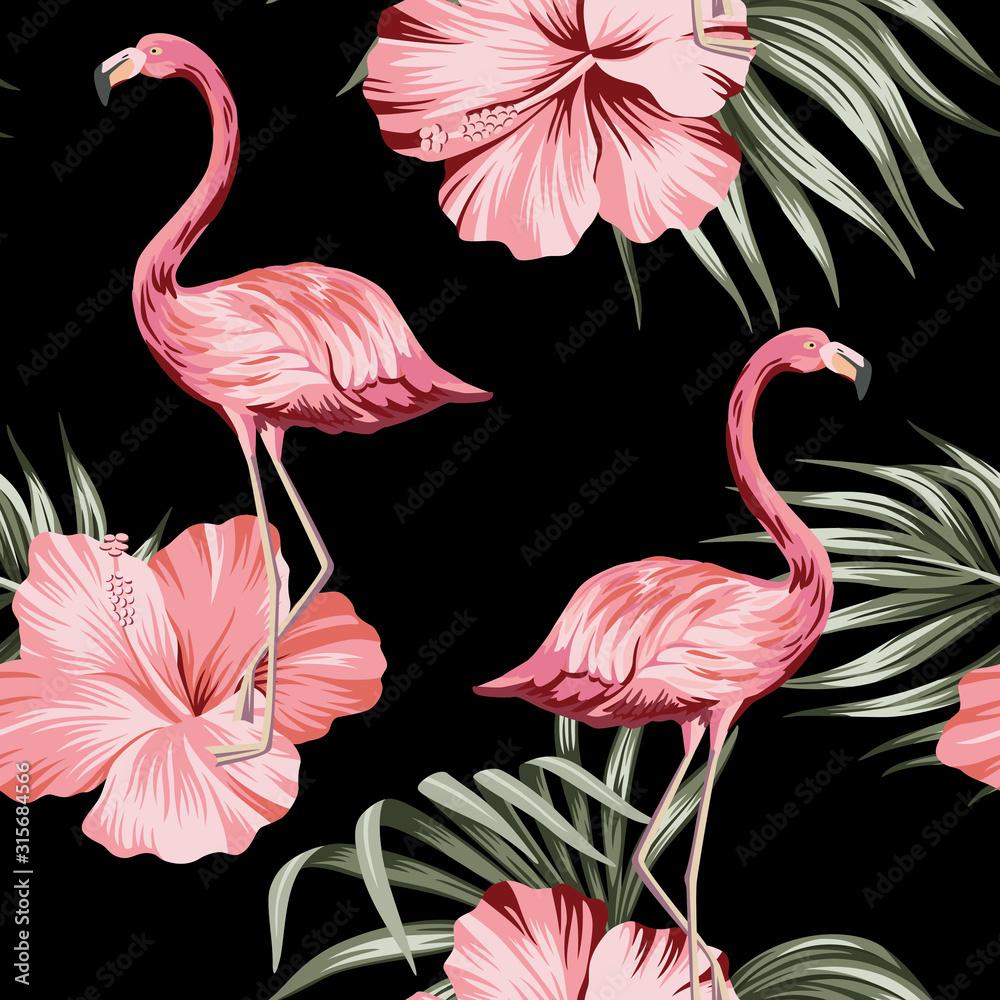 1000x1000 Tropical pink hibiscus and flamingo floral green palm leaves seamless pattern black background. Exotic jungle wallpaper. Stock Vector
