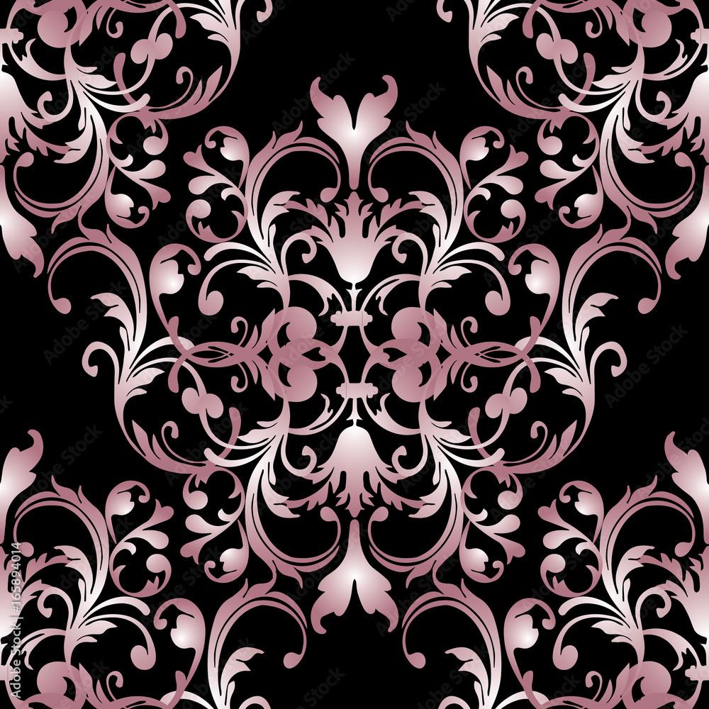 1000x1000 Baroque seamless pattern. Floral damask black background wallpaper illustration with vintage pink 3D flowers, scroll leaves and antique baroque ornaments in Victorian style. Vector surface texture Stock Vector