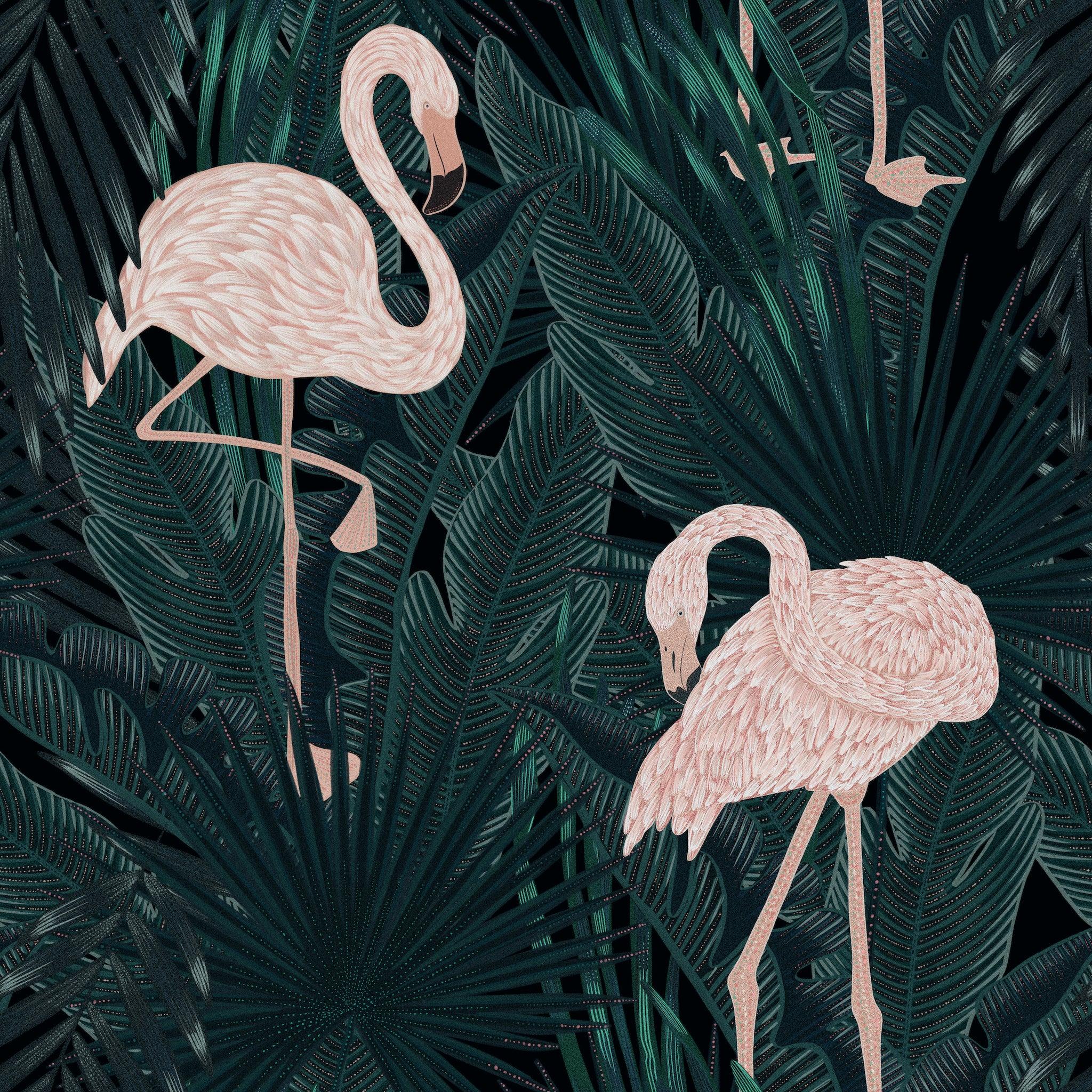 2048x2048 Flamingo Wallpaper, Deep Green Tropical Leaves, Peel and Stick, Decor