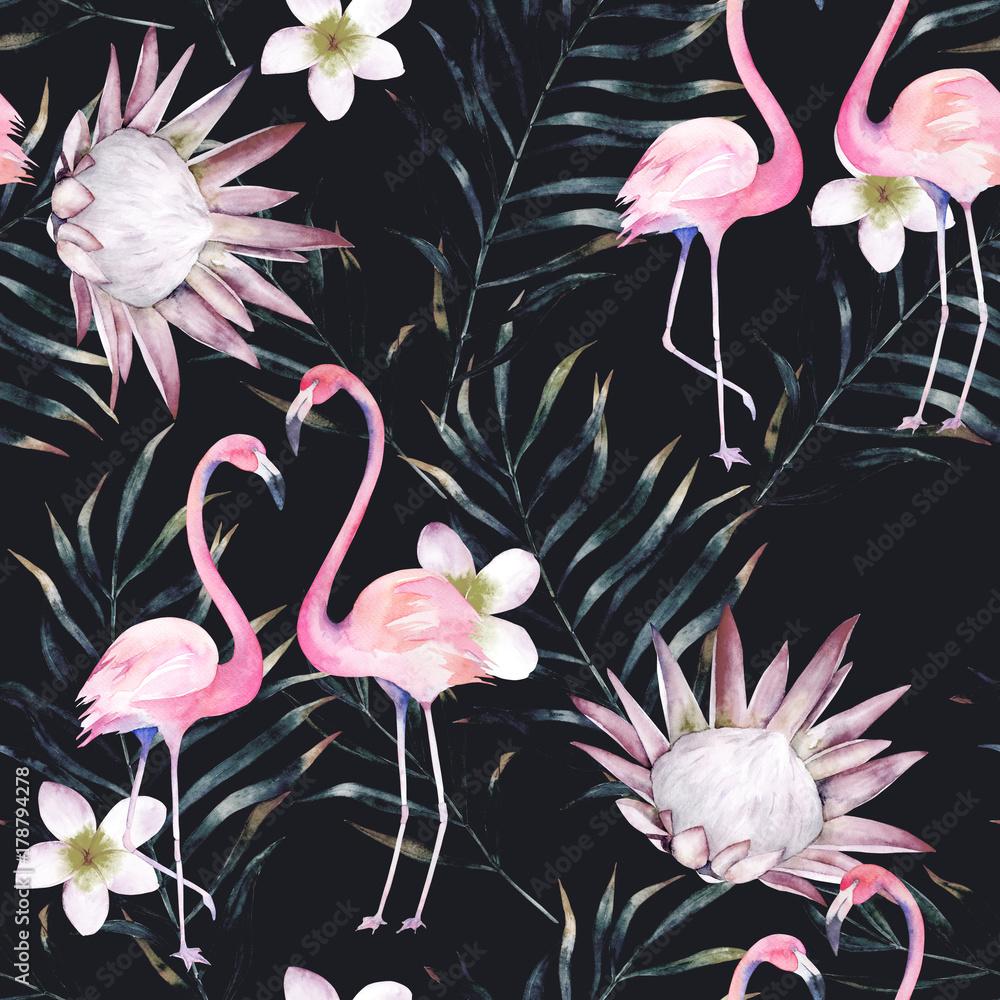 1000x1000 Watercolor african protea, flamingo and tropical leaves pattern. Seamless motif with painted floral elements on black background for wrapping, wallpaper, fabric. Hand drawn illustration Stock Illustration