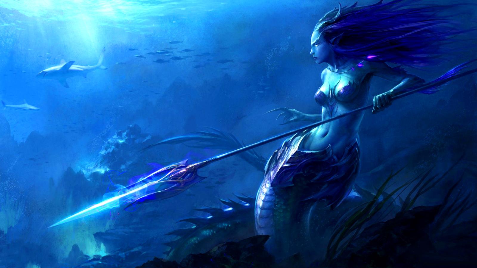 1600x900 HD desktop wallpaper: Fantasy, Underwater, Shark, Mermaid download free picture