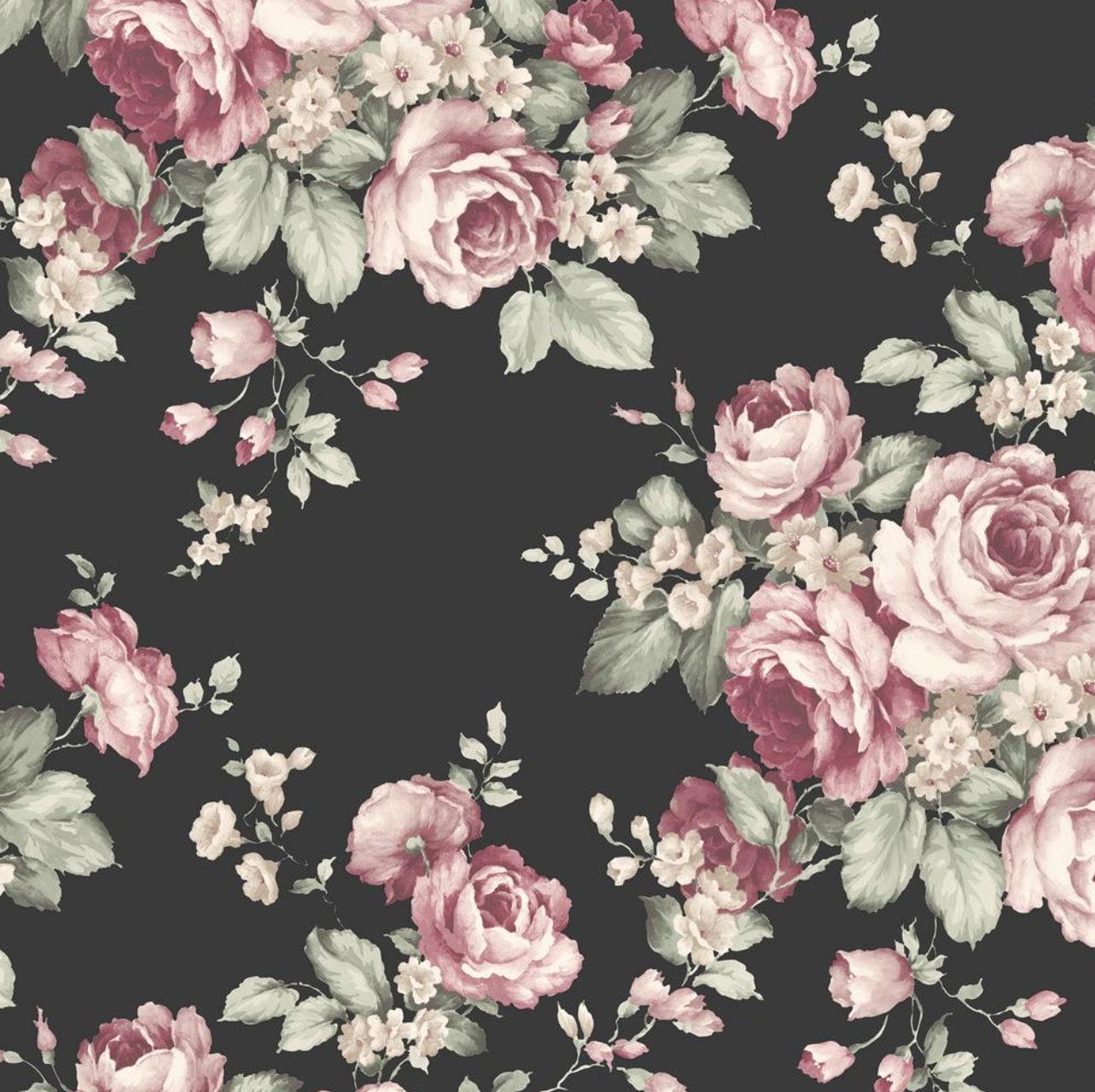 1283x1279 Elegant Pink Plum Floral Black Wallpaper Shabby Romantic