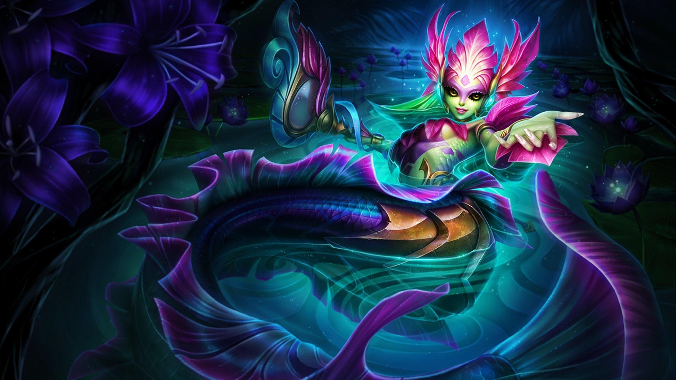 2560x1440 Nami Koi Mermaid Girl River Dark Blue Flowers League Of Legends Computer Video Game HD Wallpaper For Tablet And Lapx1440 :