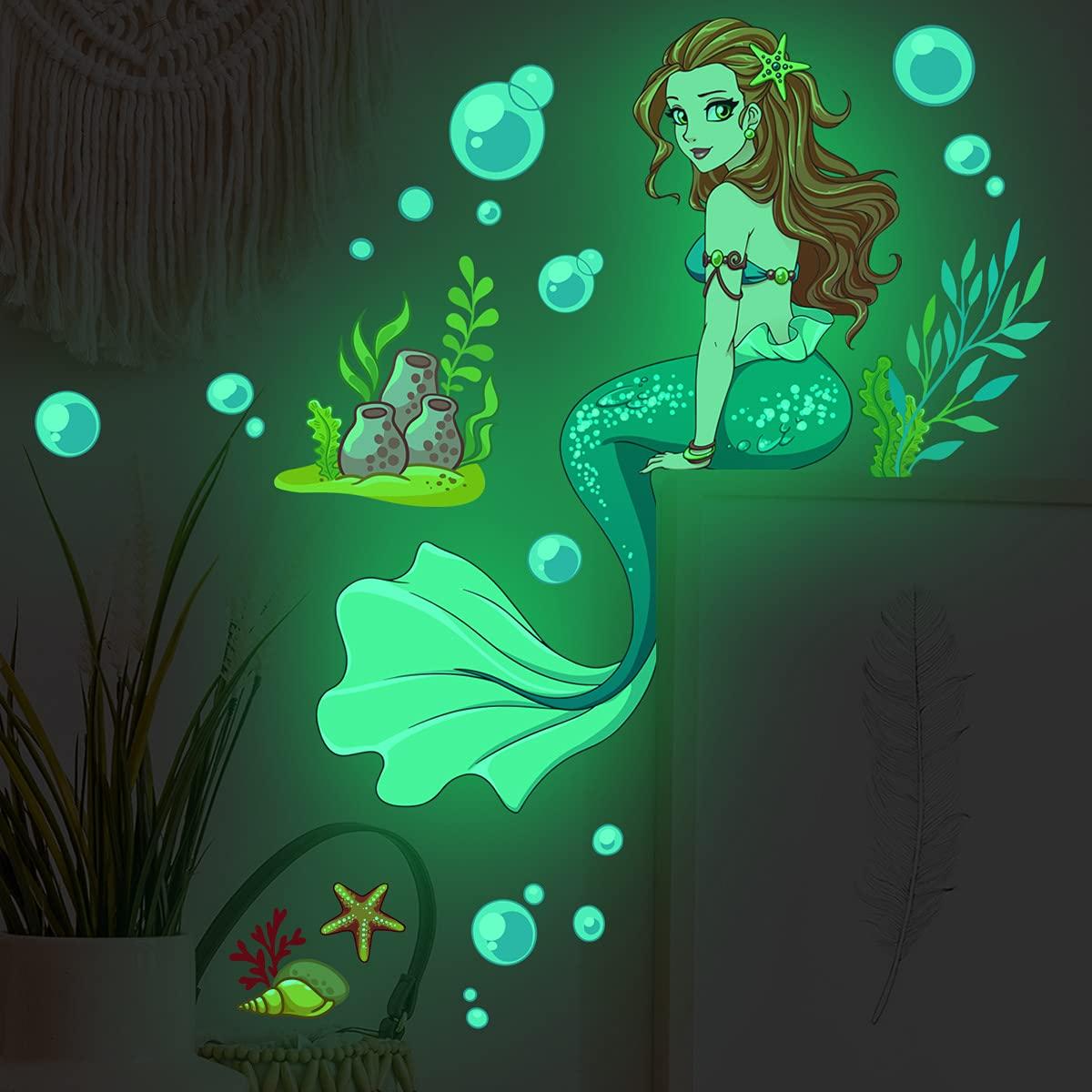 1200x1200 Luminous Mermaid Wall Decals Glow in The Dark Mermaid Wall Sticker Cartoon Princess Wall Stickers Bubble Seaweed Conch Starfish Wallpaper for Kids Girls Bedroom Nursery Bathroom Living Room Classroom