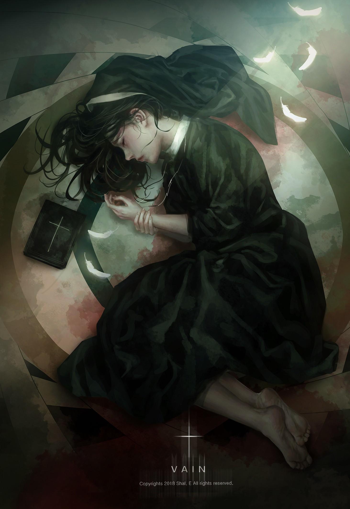 1463x2123 dark hair, anime, on the floor, Holy Bible, profile, nuns, closed eyes, anime girls Gallery HD Wallpaper