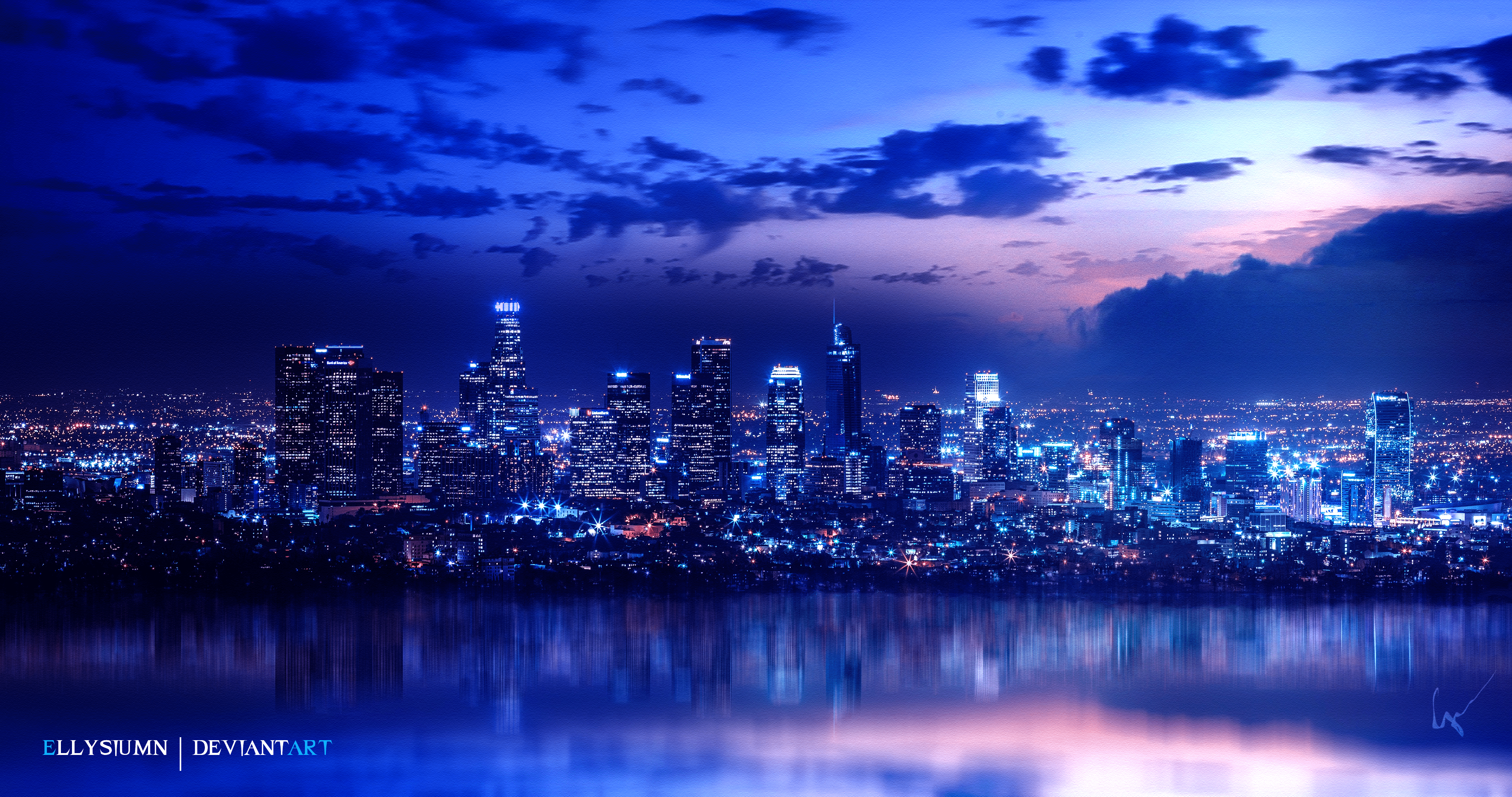 4096x2160 skyline, waterscape, cityscape, Ellysiumn, city, city lightsx2160 Wallpaper