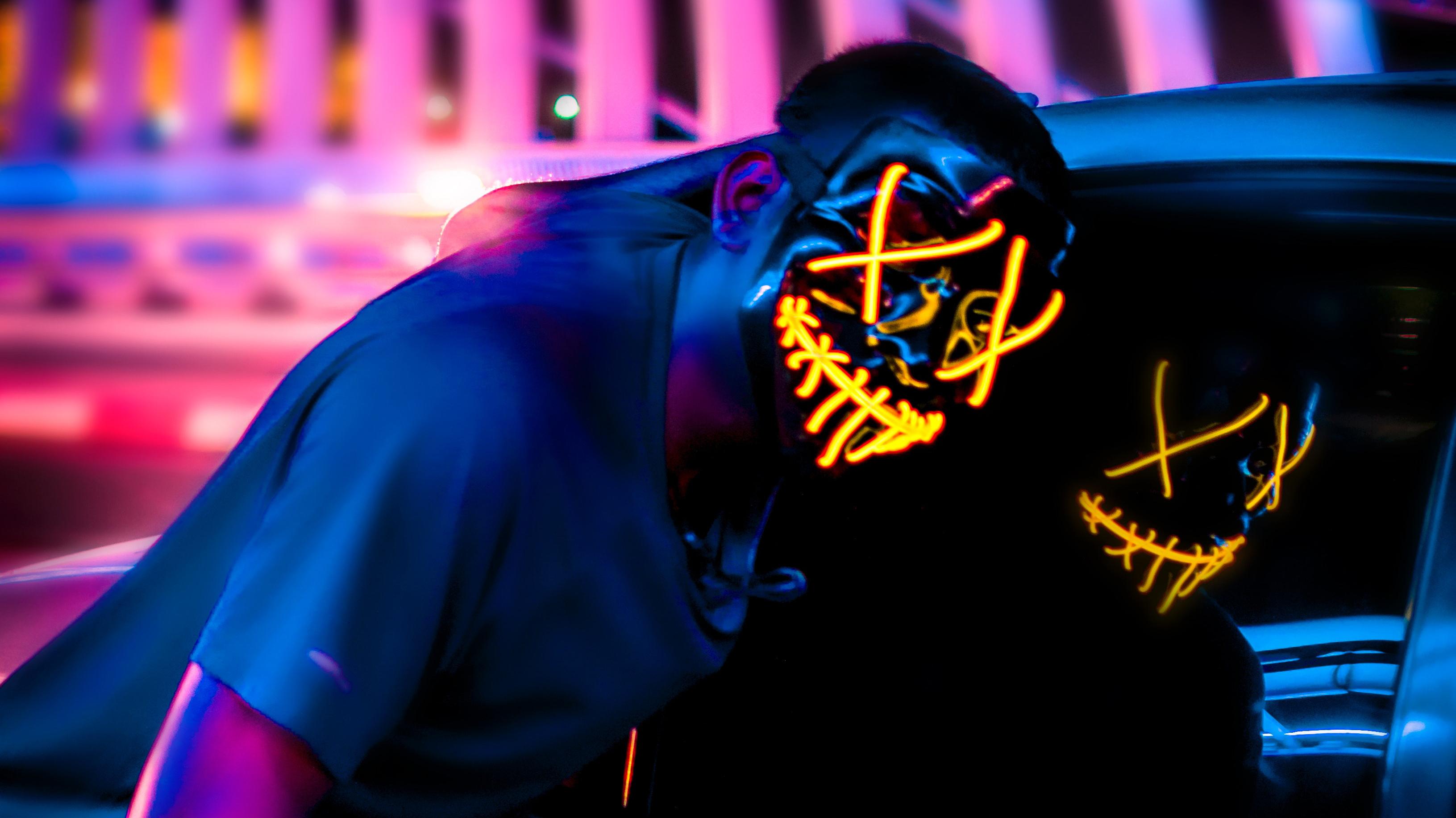 3262x1834 neon, mask, hd, 4k, photography Gallery HD Wallpaper