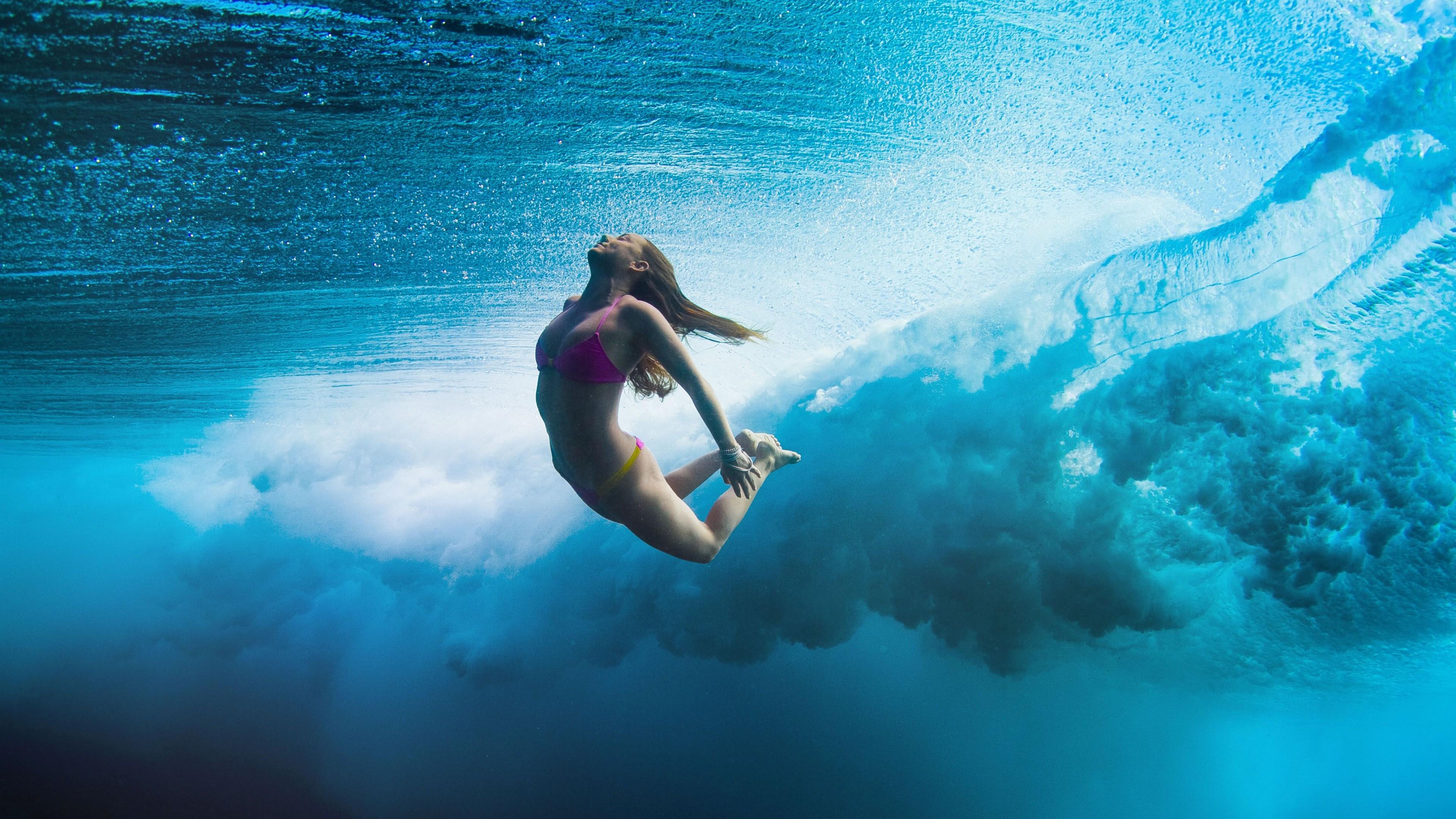 3840x2160 Wallpaper Surfing, girl, sea, underwater, Sport