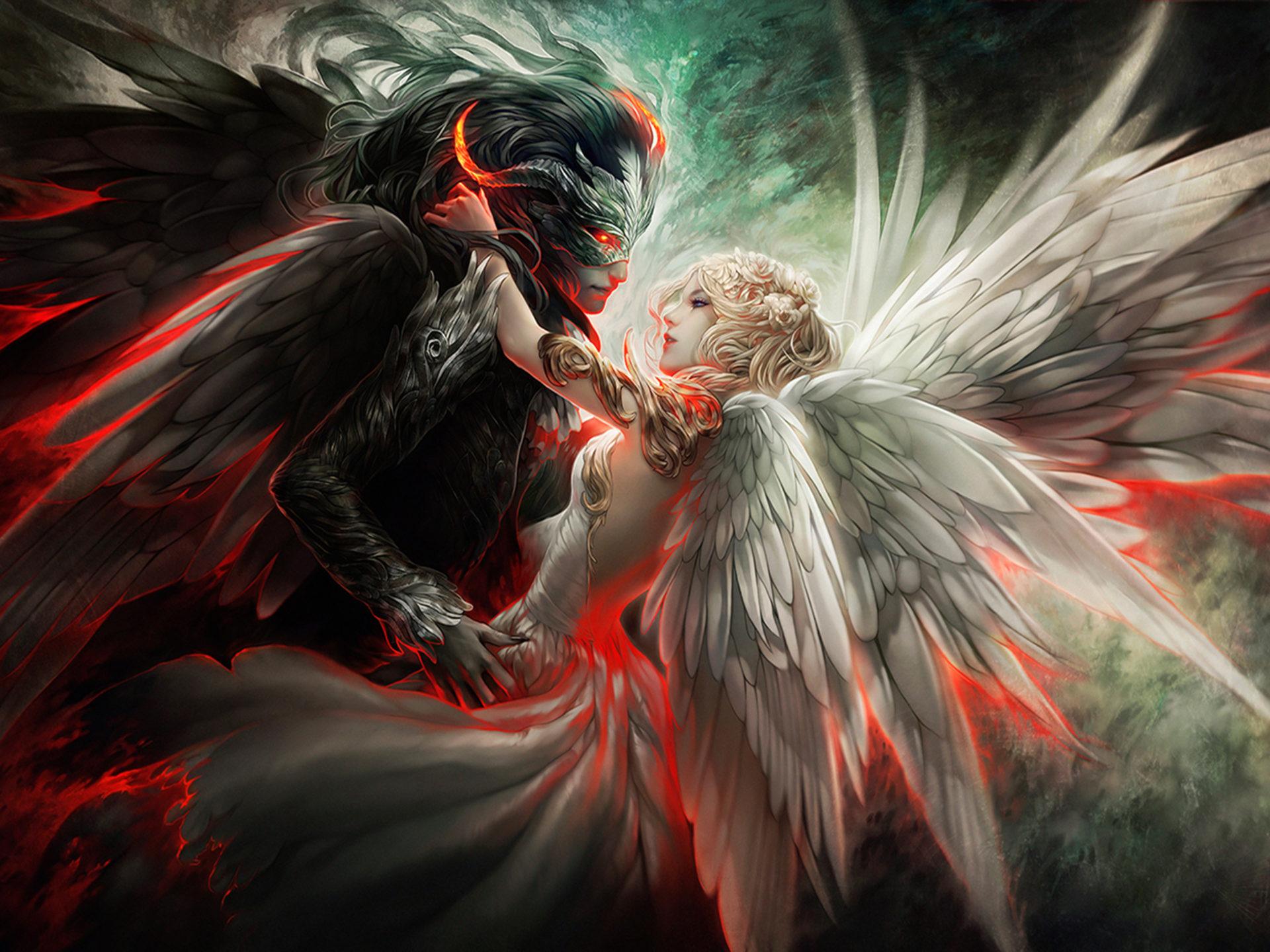 1920x1440 Angel And Demon Mask Couple Wings Orginal HD Wallpaper :