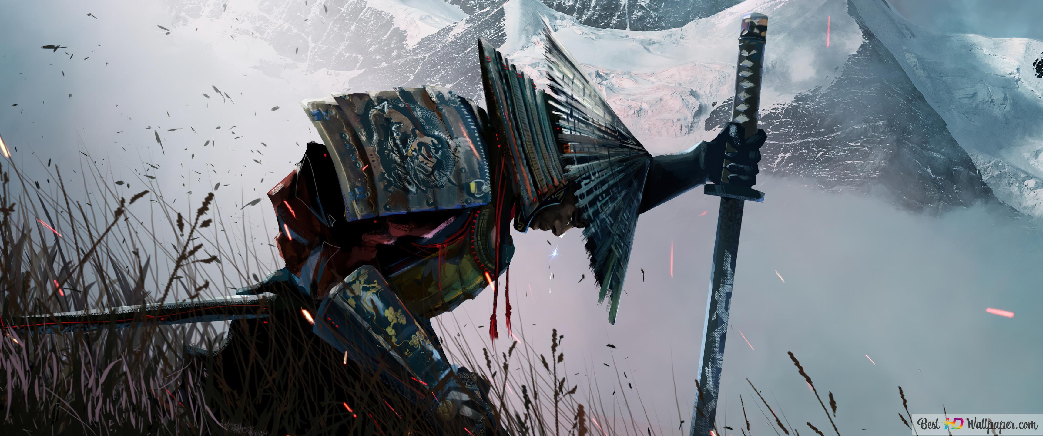 3440x1440 Samurai Kneeling Art 4K wallpaper download