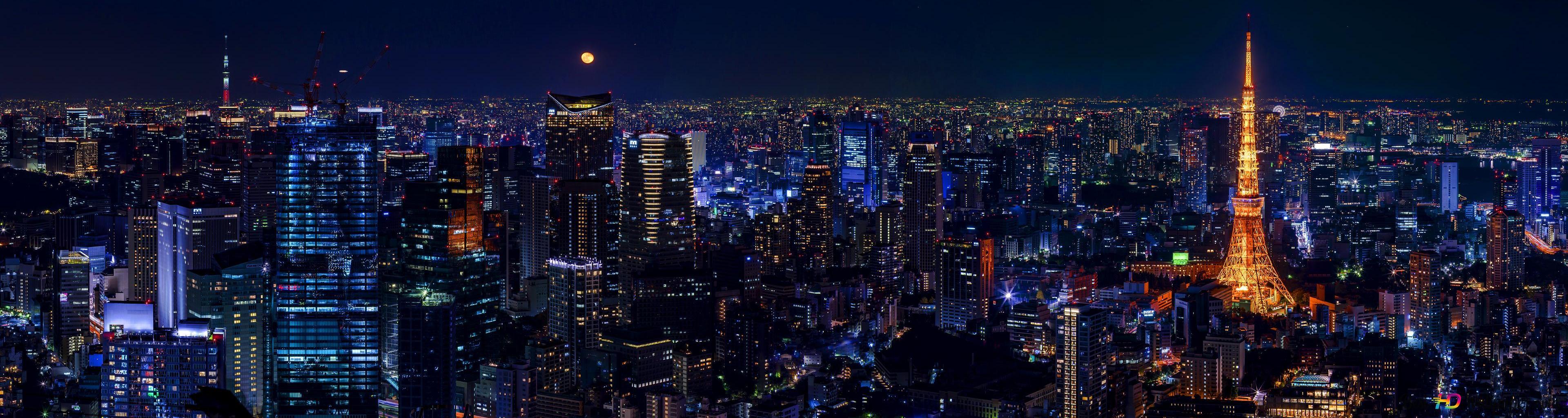 3840x1024 Astonishing city view in the night 4K wallpaper download