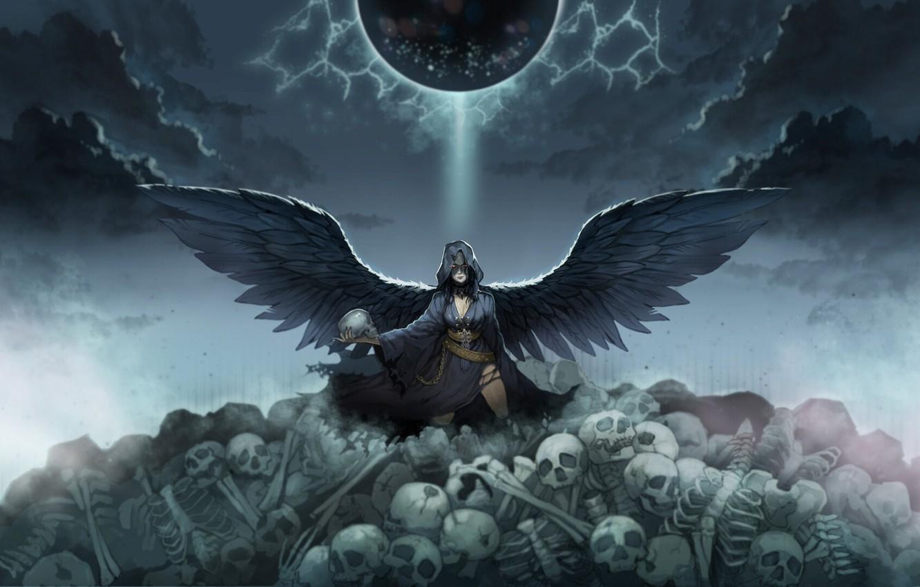 1332x850 Wallpaper look, wings, angel, fantasy, art, skull, skeletons, the angel of death image for desktop, section фантастика