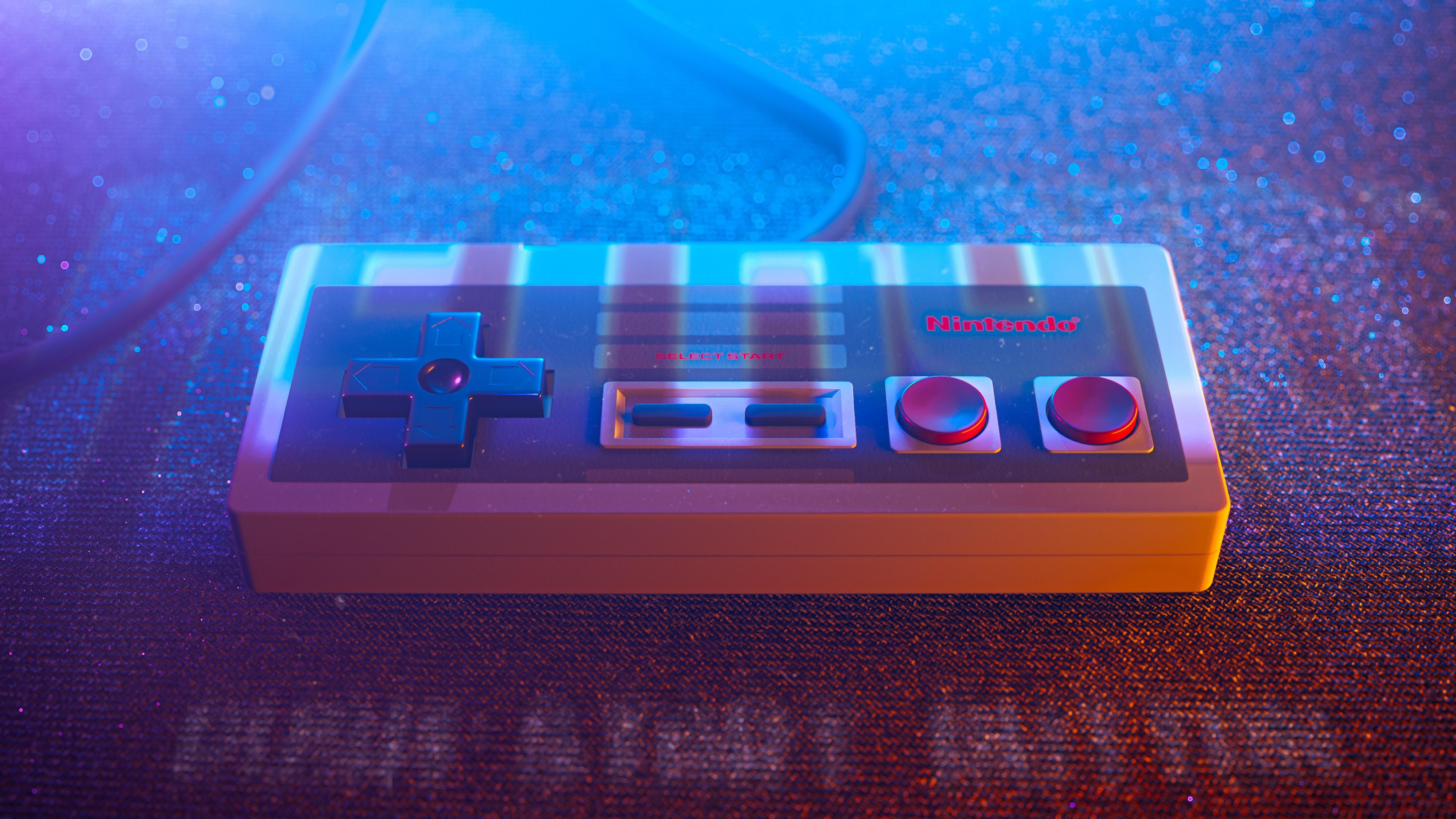 3840x2160 4K, digital, video games, CGI, Nintendo, Nintendo Entertainment System, render, gamepad, cyan, retro console Gallery HD Wallpaper