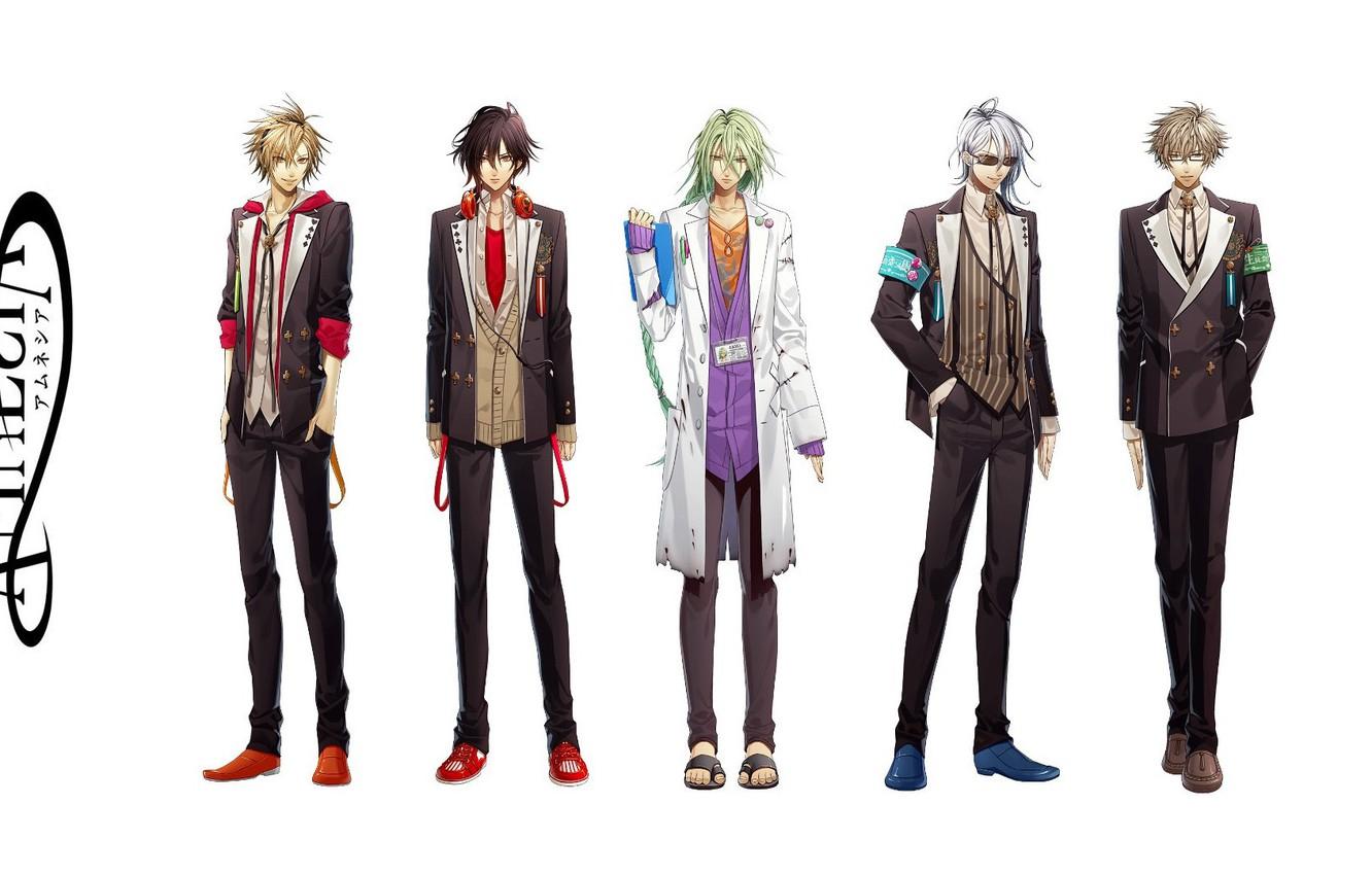 1332x850 Wallpaper glasses, costume, white background, guys, green hair, art, Amnesia, Shin, Kent, Toma, Ikki, Hanamura Mai, Ukyo image for desktop, section сёдзё