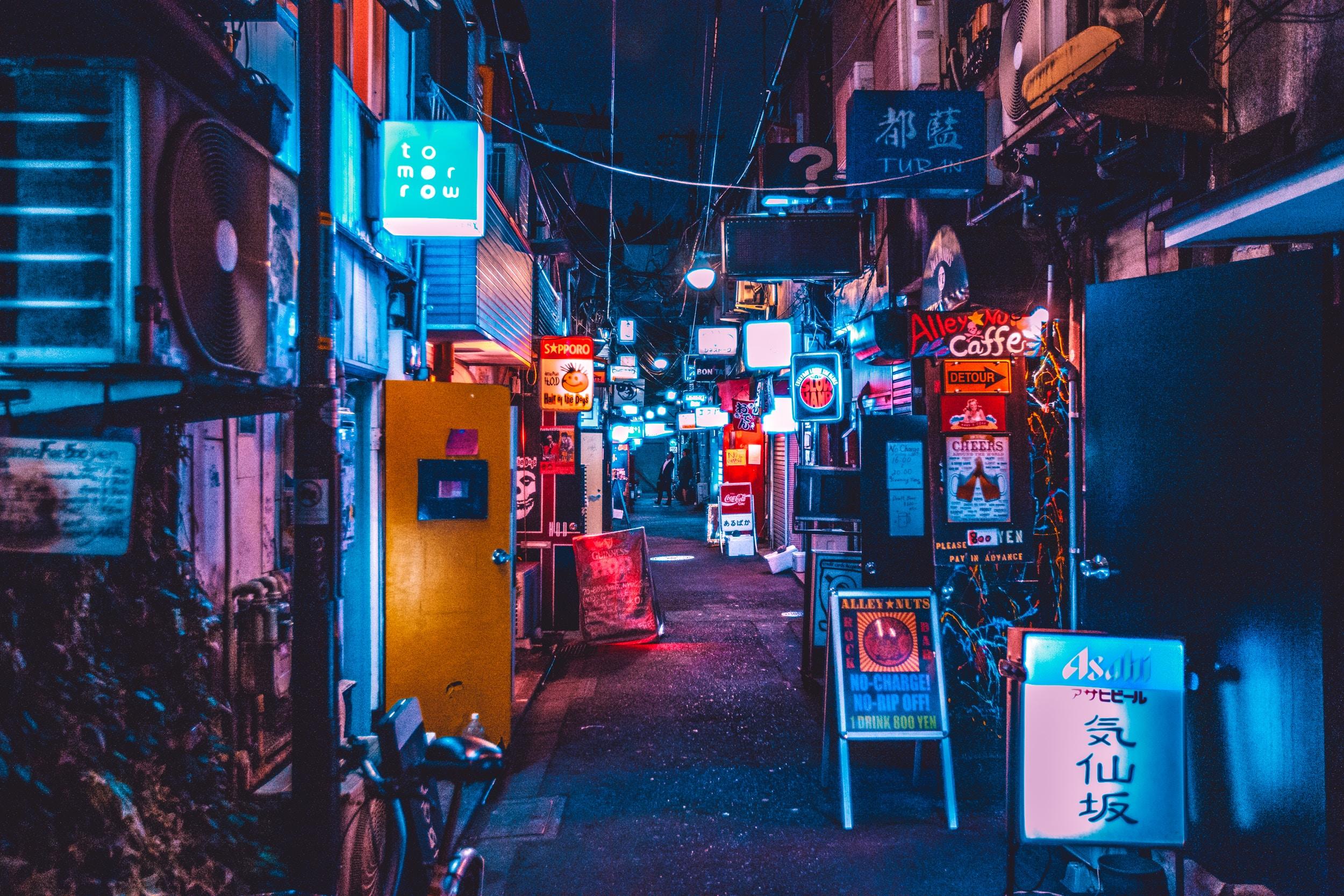 2500x1667 2500x1667 yellow, night, light, blue, bar, tokyo, neon, glow, alleyway, shinjuku, neon light, Free image, golden gai, japanese bar, japan, izakaya, shop sign, neon sign, shinjuku nichome, city, alley