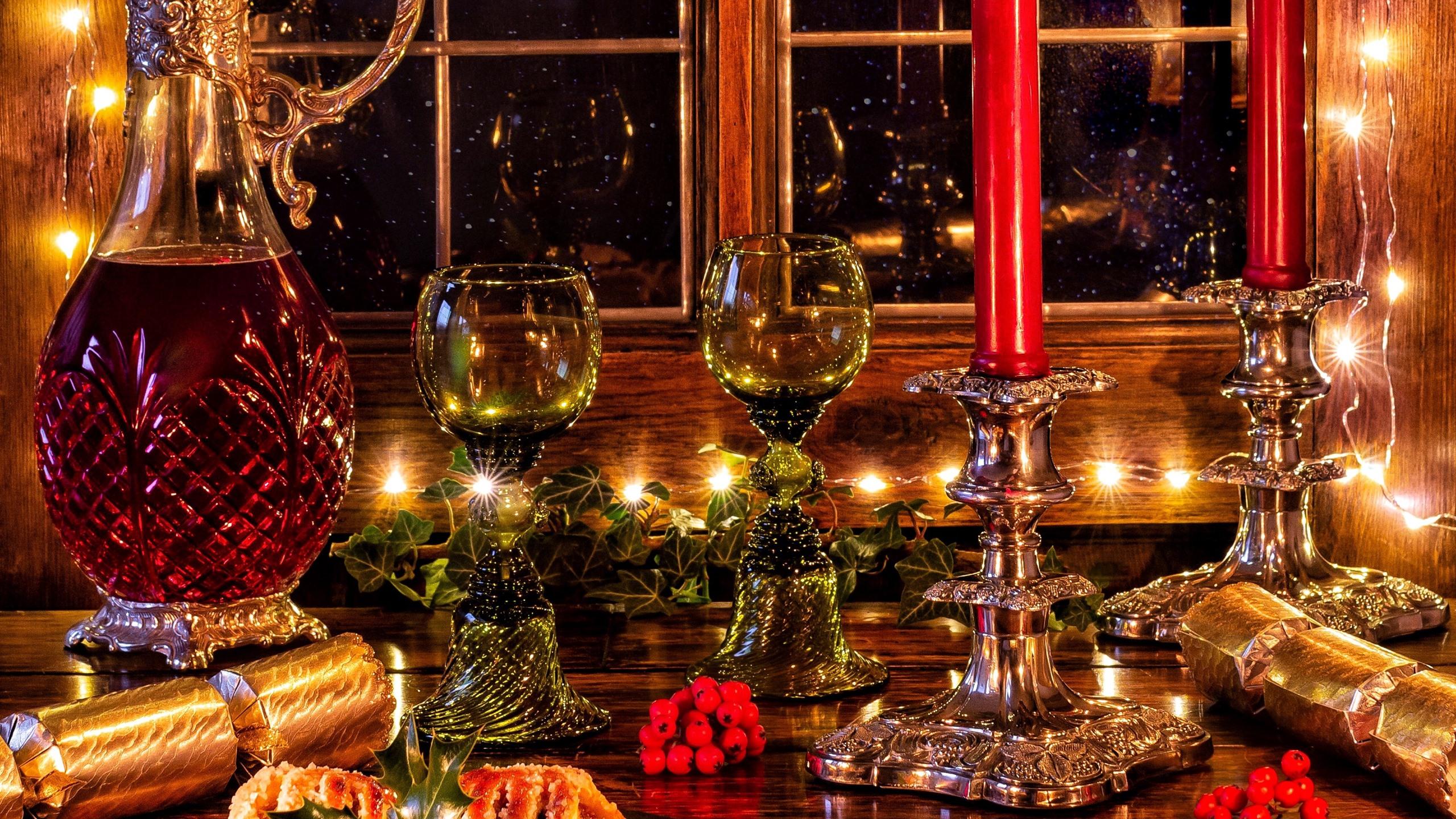 2560x1440 Wallpaper Merry Christmas, decorations, glass cups, wine, candles, lights 2880x1800 HD Picture, Image