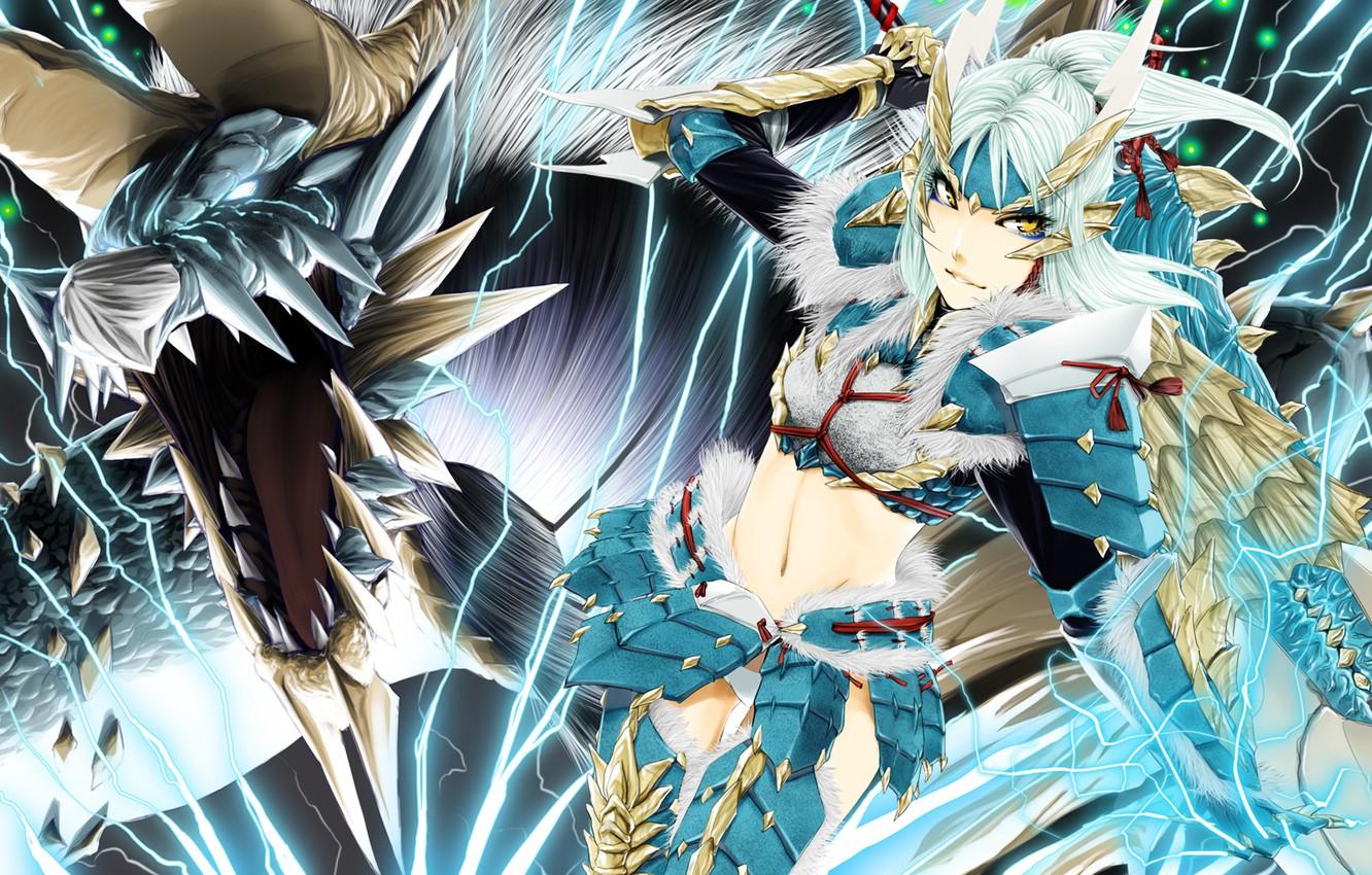 1332x850 Wallpaper girl, weapons, dragon, art, electricity, armor, zinogre, poaro, monster hunter image for desktop, section сэйнэн