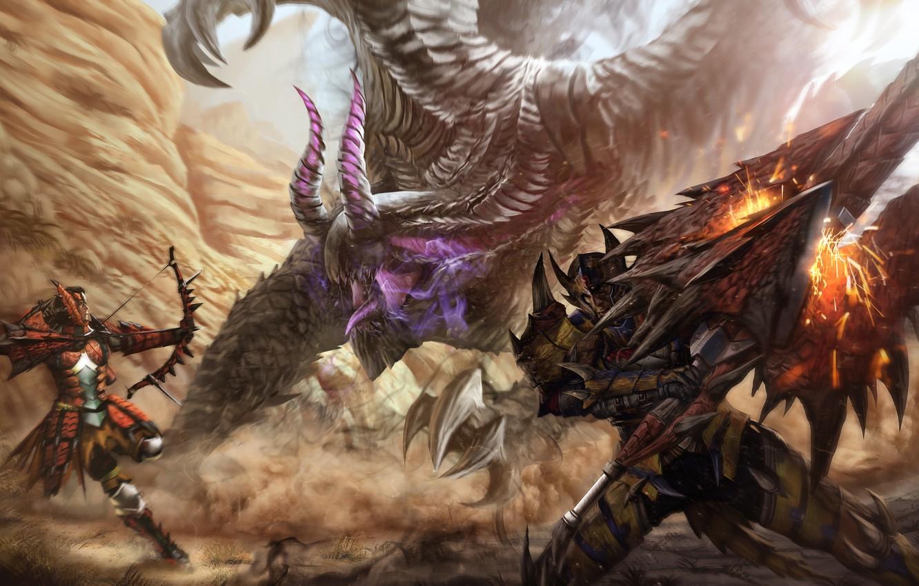 1332x850 Wallpaper monster, sword, warrior, art, Archer, Capcom, monster hunter - for desktop, section игры