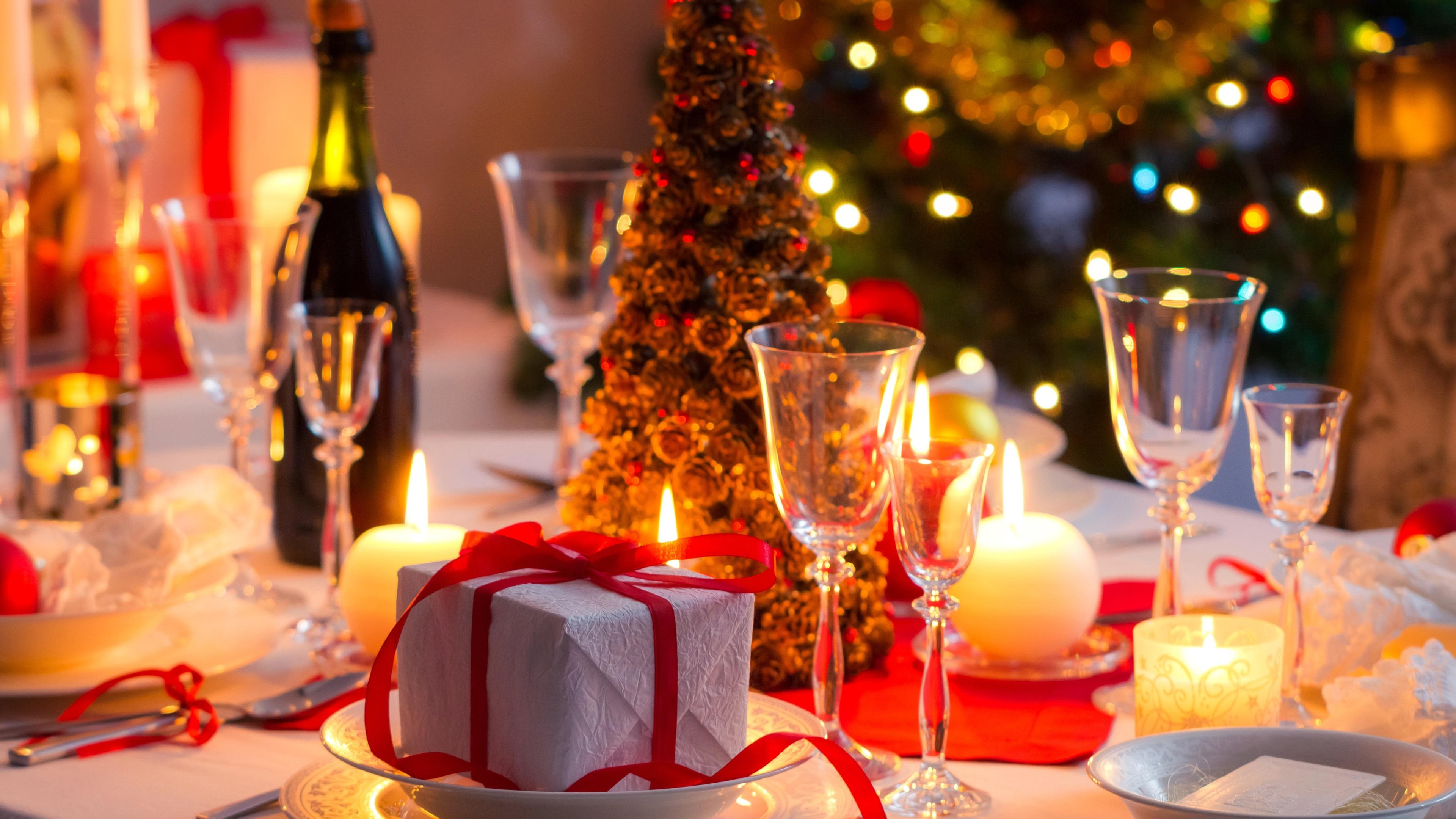 3840x2160 Wallpaper Gift, candles, glass cups, Christmas tree, wine, lights 3840x2160 UHD 4K Picture, Image